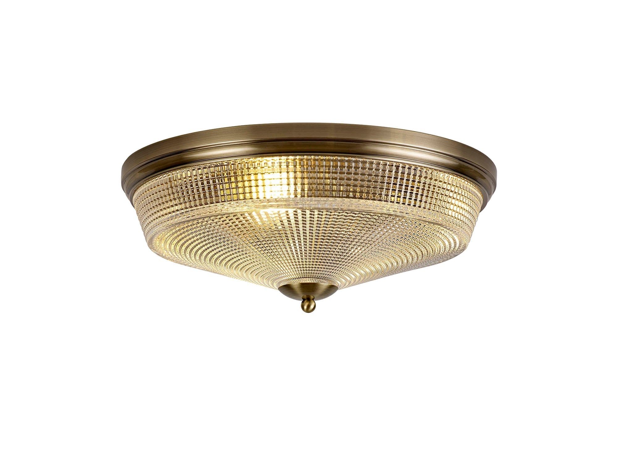 Shelbourne 2 Light E27 Flush Ceiling Light, Antique Brass / Prismatic Glass