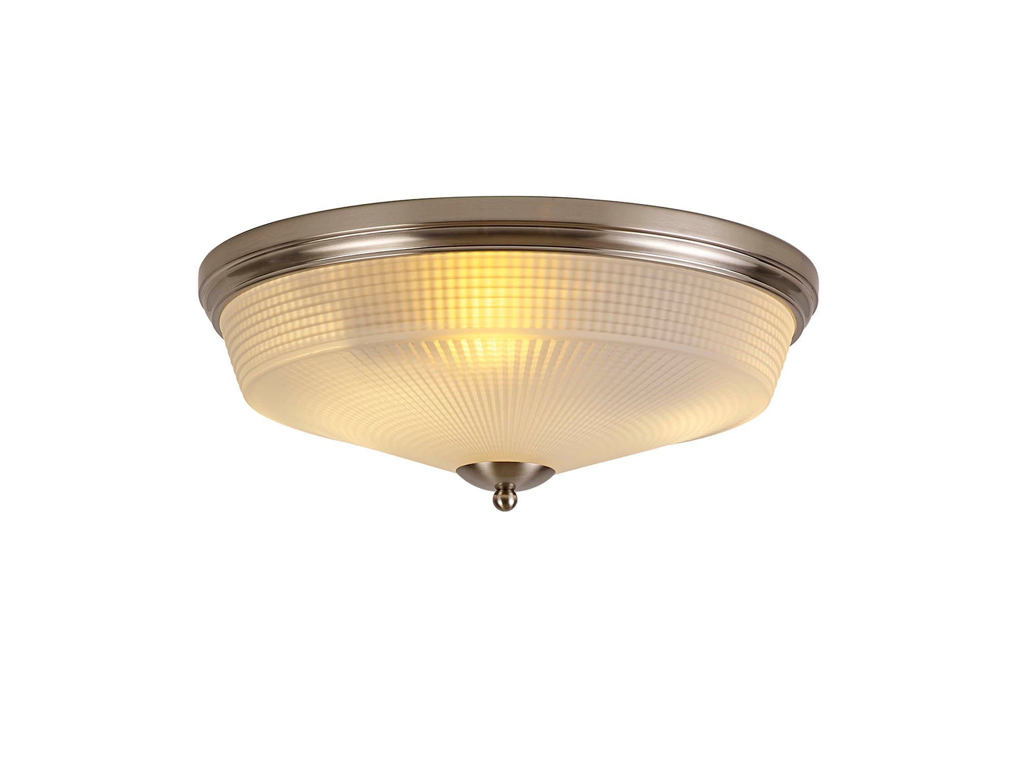 Shelbourne 2 Light E27 Flush Ceiling Light, Satin Nickel/ Prismatic Glass