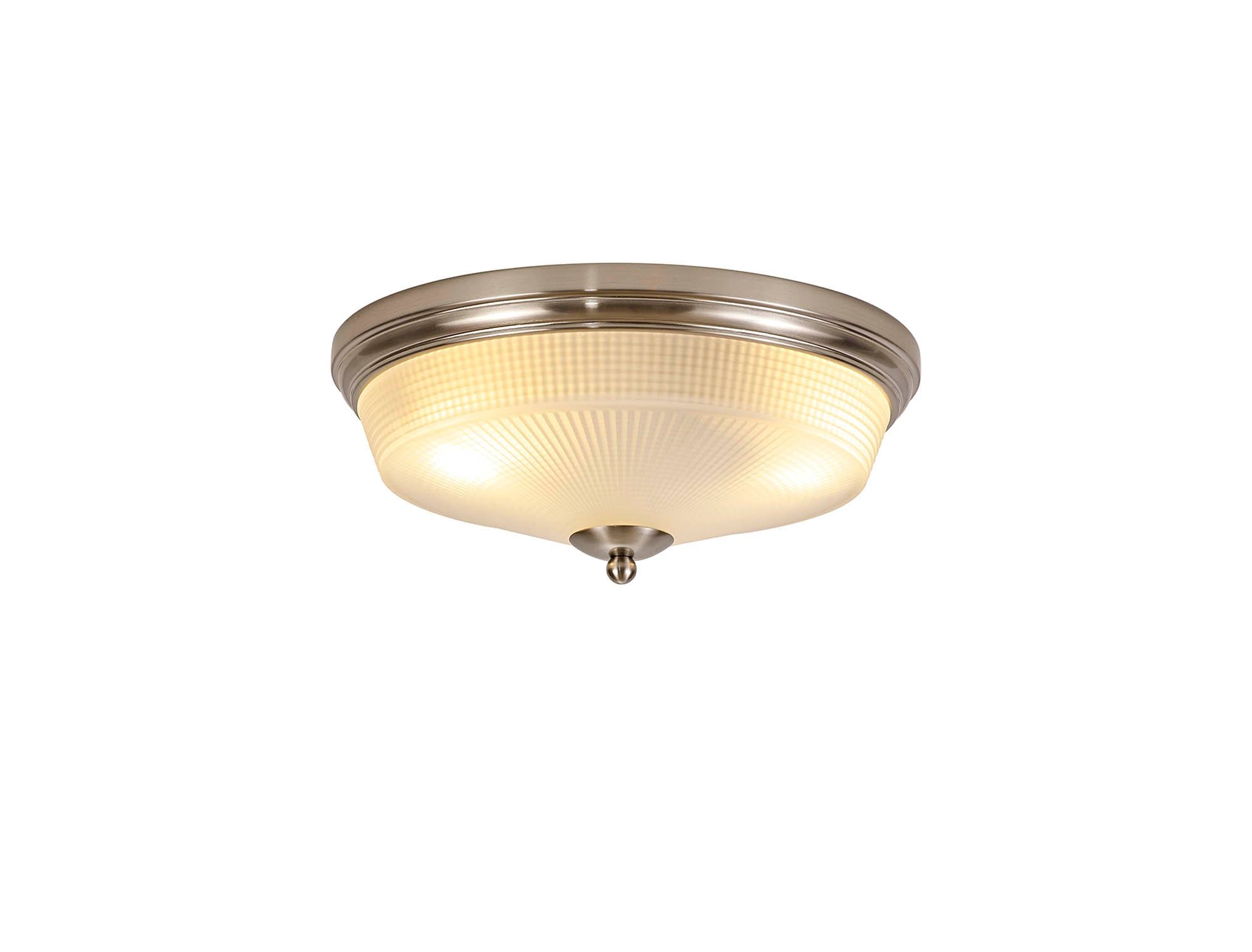 Shelbourne 2 Light E27 Flush Ceiling Light, Satin Nickel / Prismatic Glass