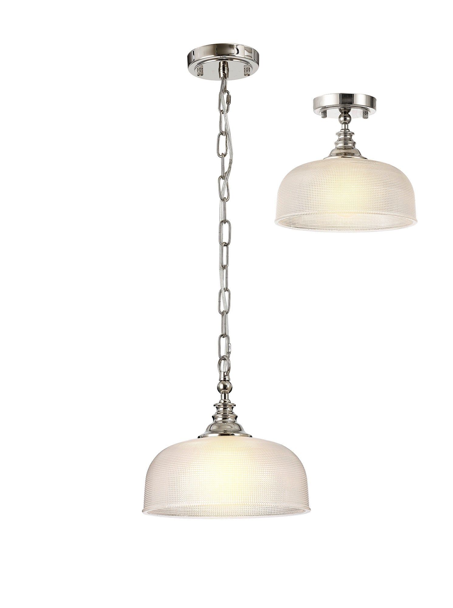 Shelbourne Flush / Single Pendant, 1 Light Adjustable E27, Polished Nickel, Antique Brass, Satin Nickel / Prismatic Glass