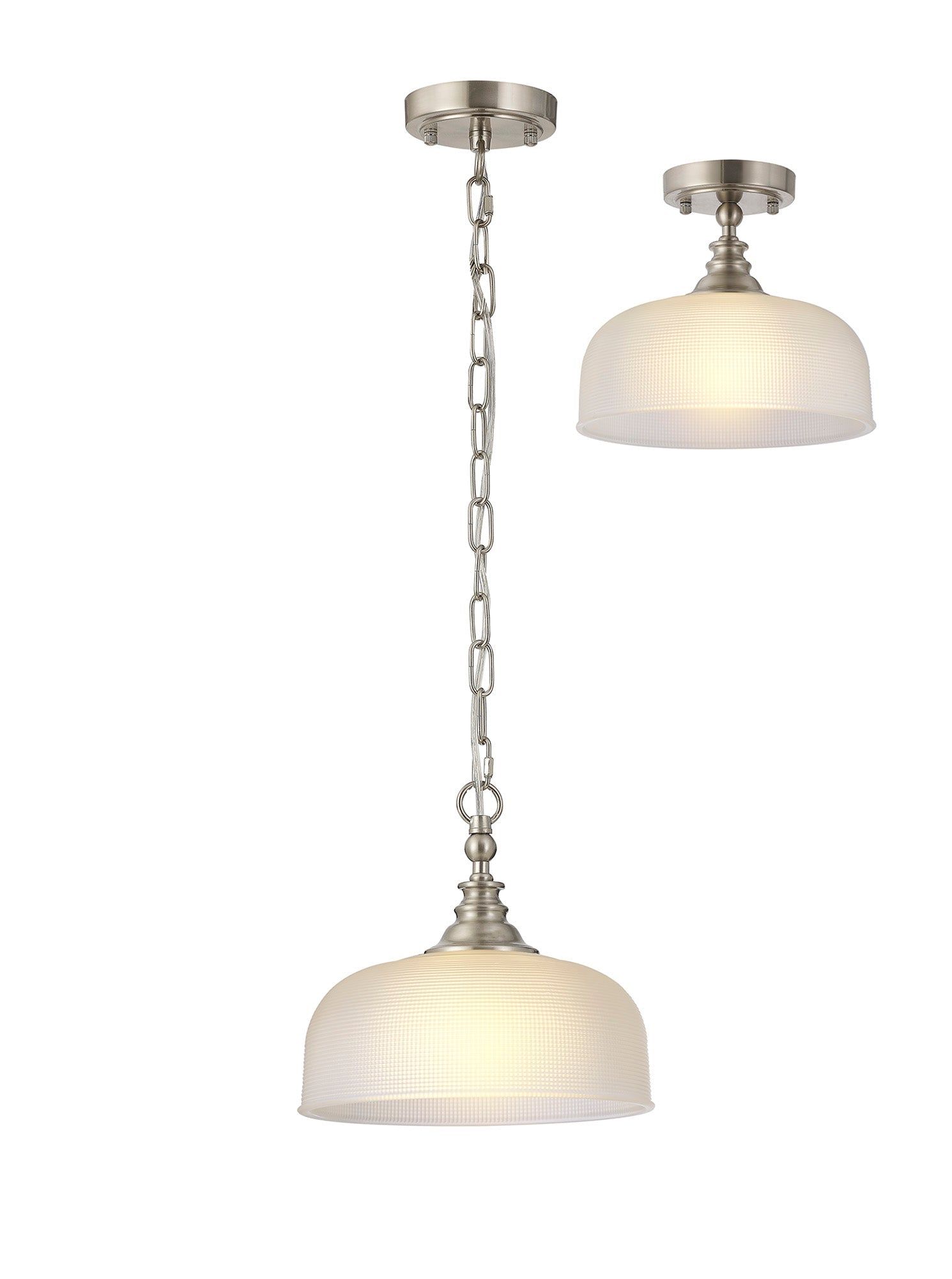 Shelbourne Flush / Single Pendant, 1 Light Adjustable E27, Polished Nickel, Antique Brass, Satin Nickel / Prismatic Glass