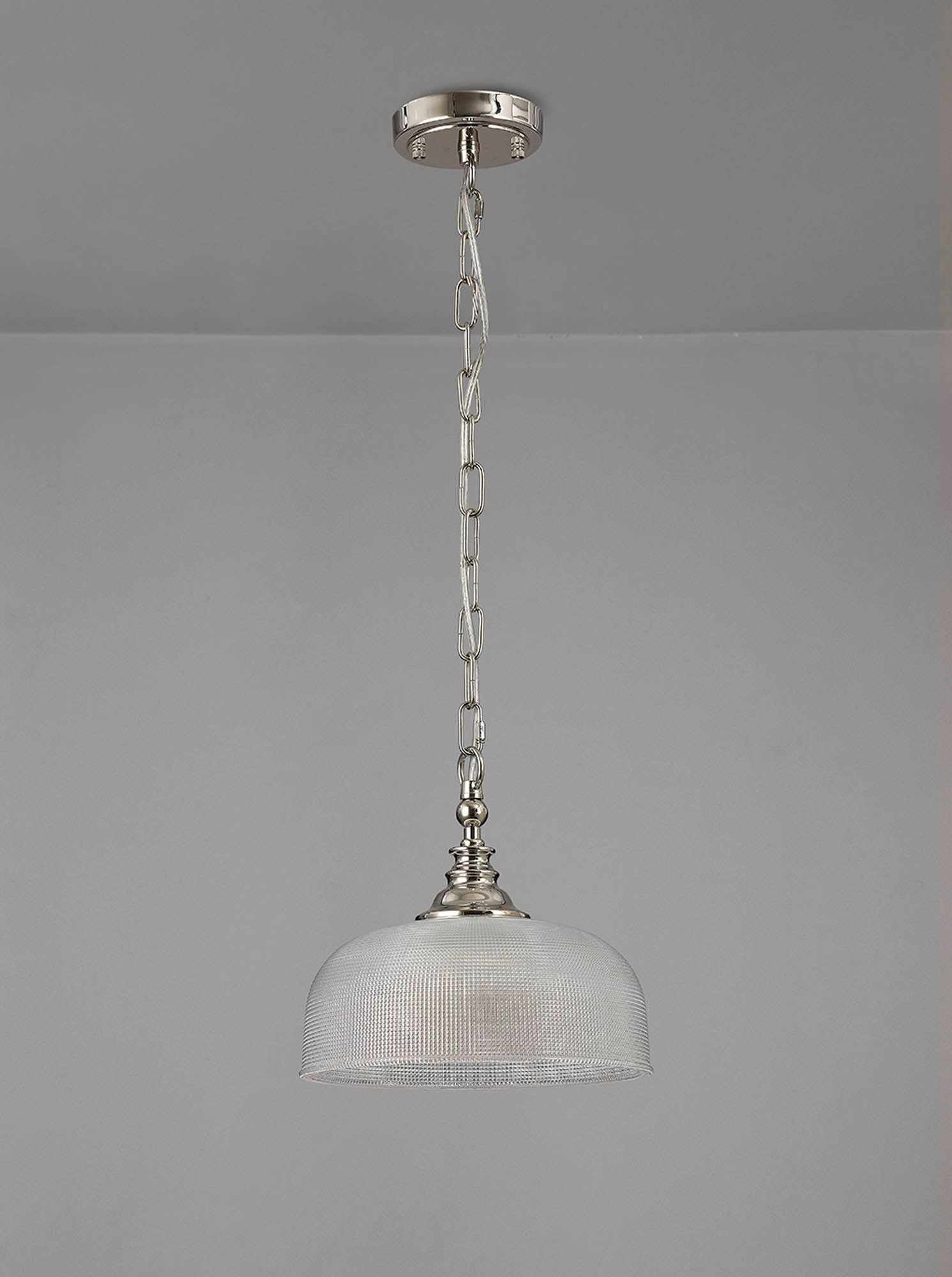 Shelbourne Flush / Single Pendant, 1 Light Adjustable E27, Polished Nickel, Antique Brass, Satin Nickel / Prismatic Glass