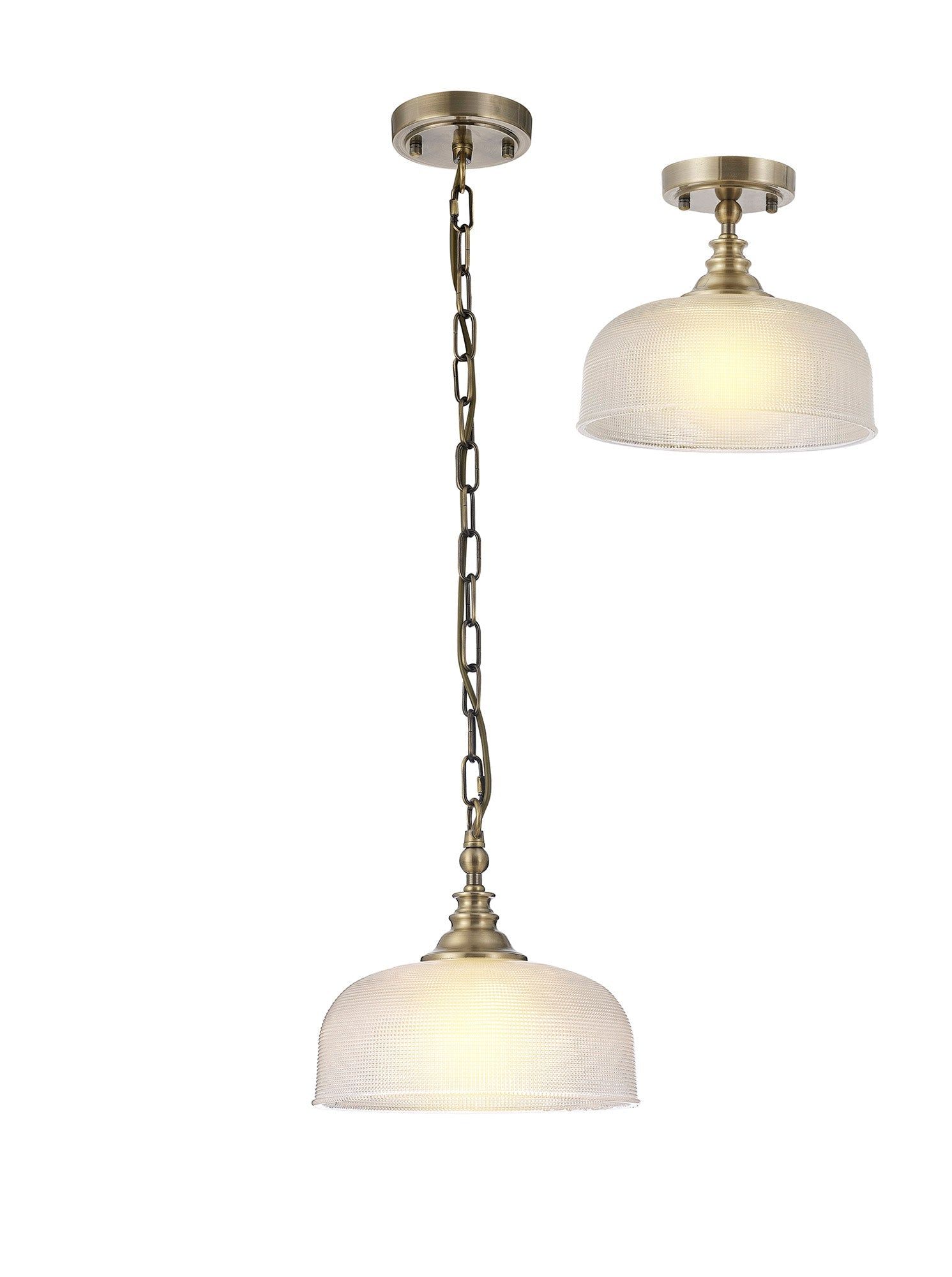 Shelbourne Flush / Single Pendant, 1 Light Adjustable E27, Polished Nickel, Antique Brass, Satin Nickel / Prismatic Glass