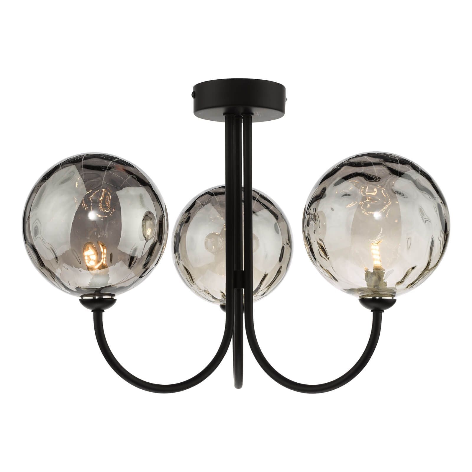 Dar Jared 3Lt Semi Flush Ceiling Light -Matt Black & Smoked Dimpled Glass Finish, IP20 