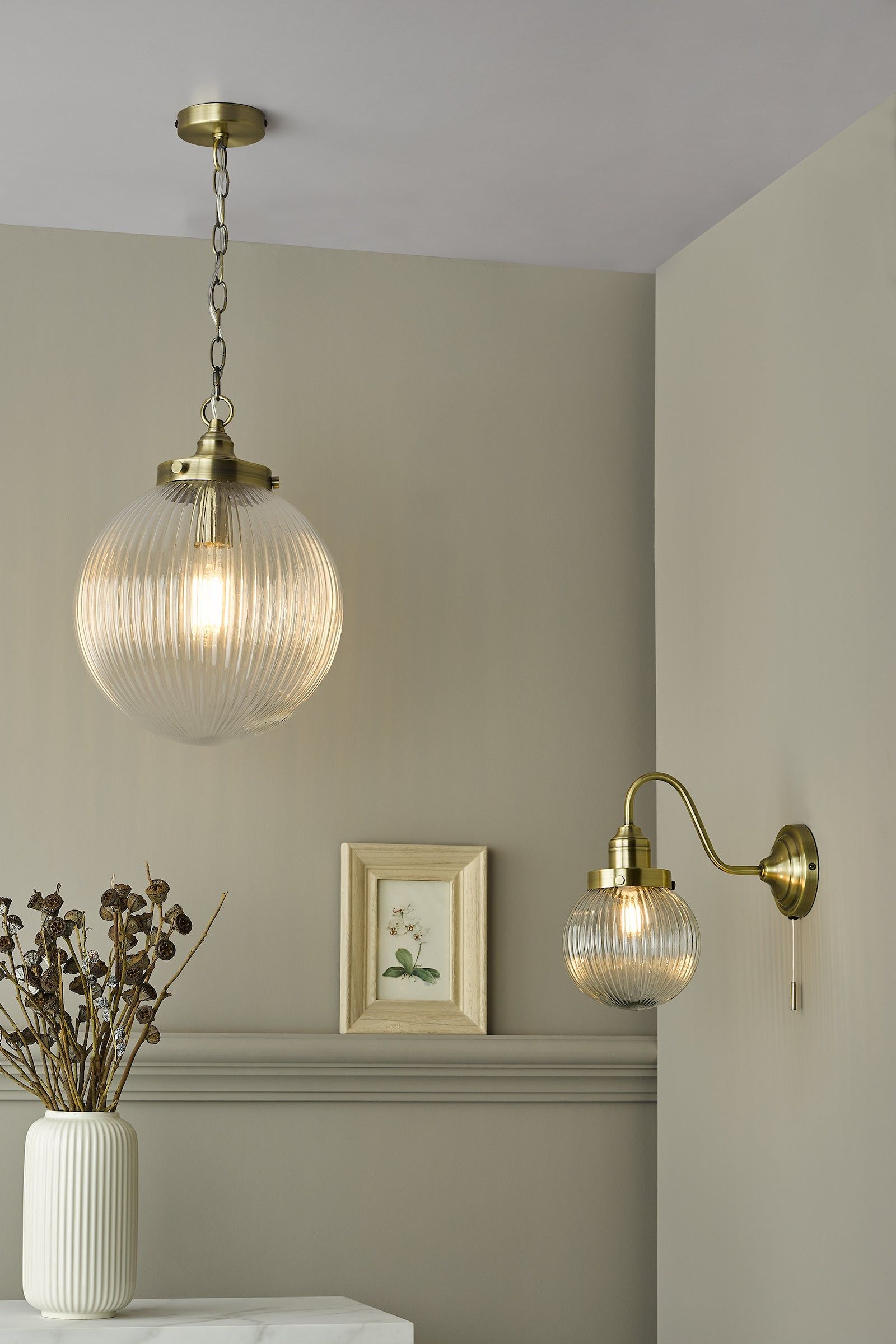 Dar Tamara 1lt Pendant Satin Nickel & Ribbed Glass, Antique Brass