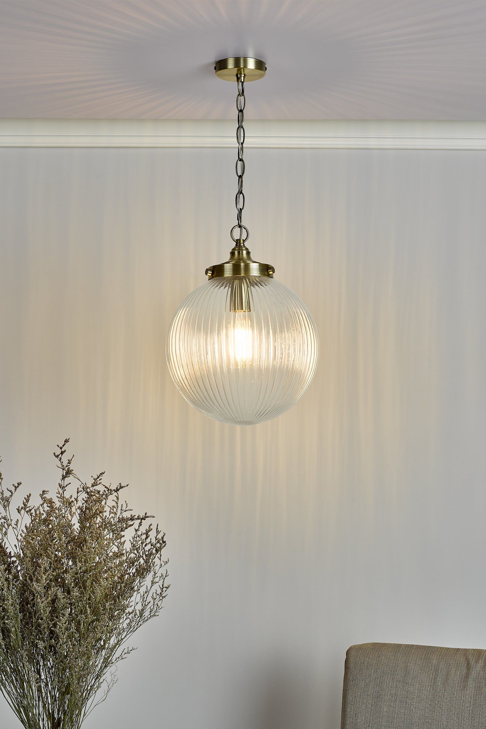 Dar Tamara 1lt Pendant Satin Nickel & Ribbed Glass, Antique Brass