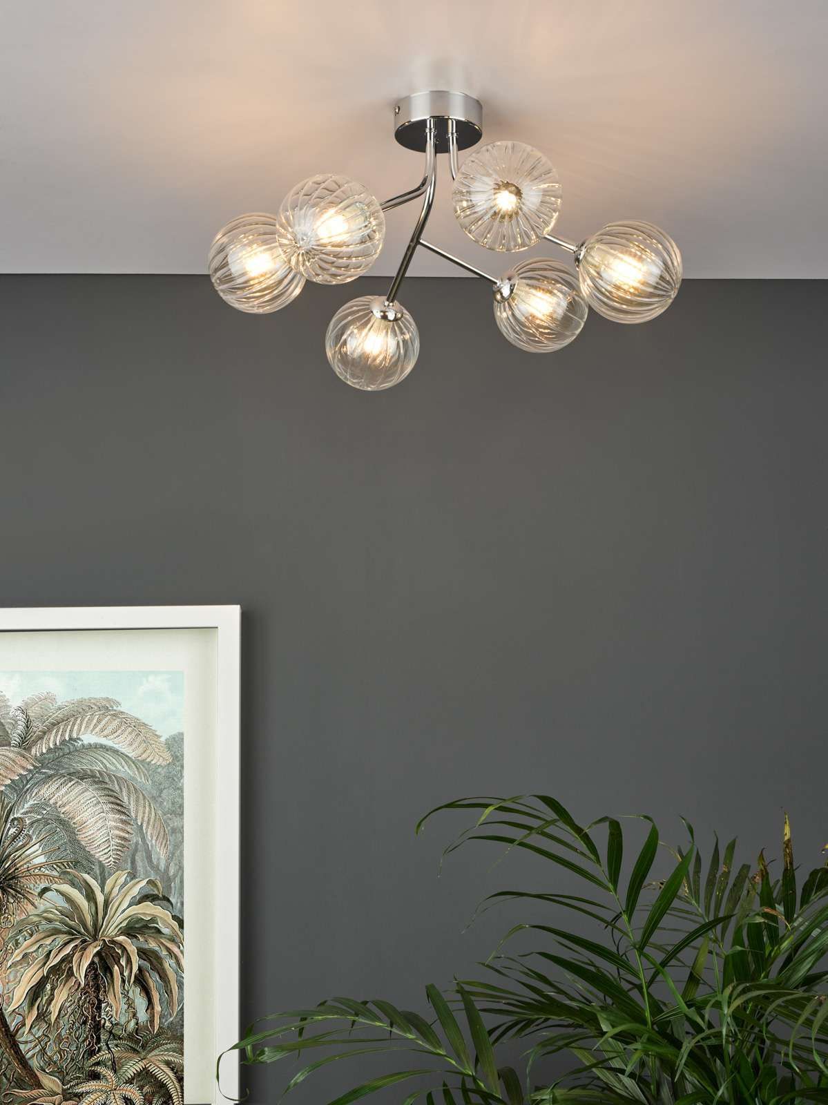 Dar Yiska 6Lt Semi Flush Ceiling Light - Polished Chrome Ribbed Glass Finish, IP20