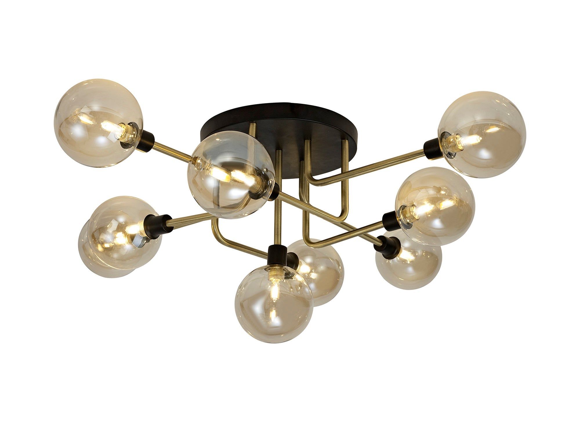 Darcy Flush Ceiling, 5 Light G9, Matt Black/Antique Brass/Cognac Glass