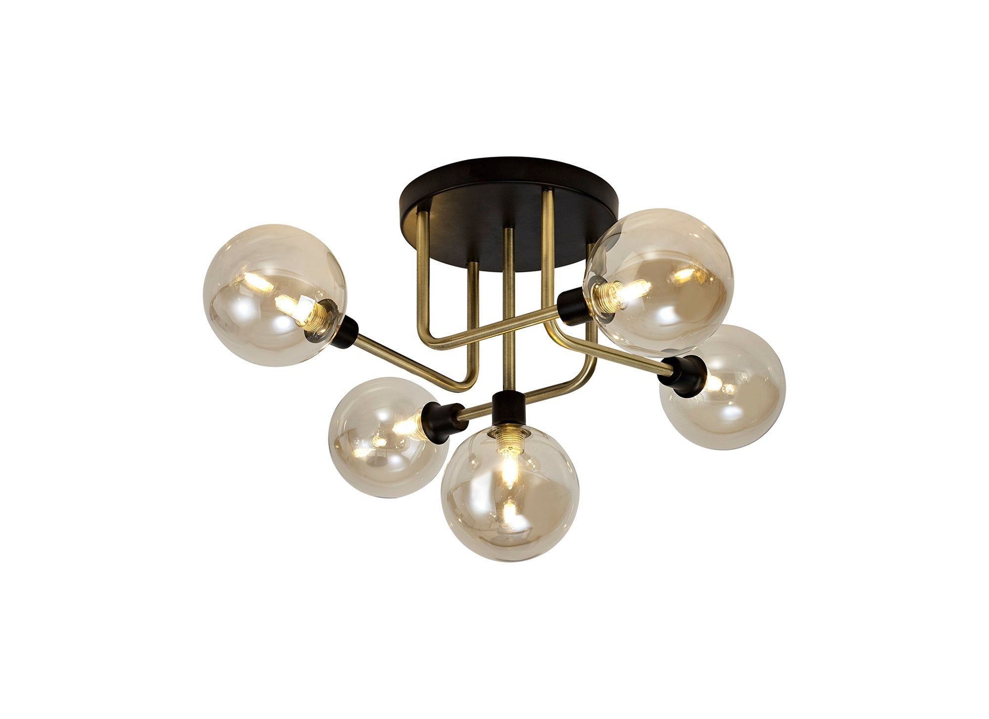 Darcy Flush Ceiling, 5 Light G9, Matt Black/Antique Brass/Cognac Glass