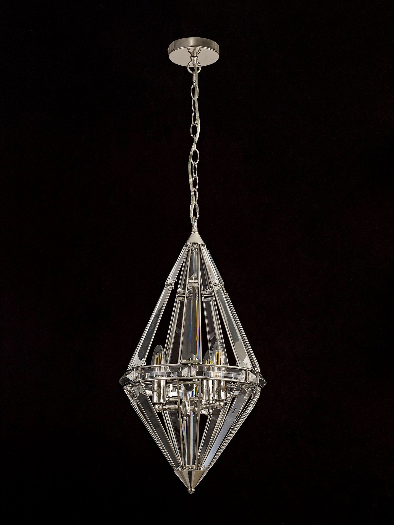 Eleanor Diamond/Tear Drop Pendant, 3 Light E27, Polished Nickel