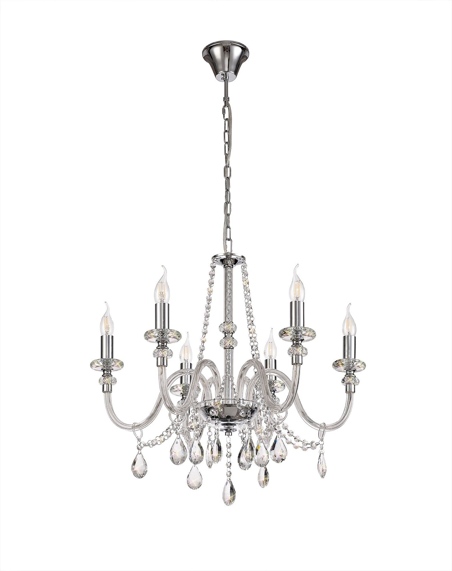 Floral Chandelier Pendant, 4/6/8 Light E14, Polished Chrome/Clear Glass/Crystal - Cusack Lighting
