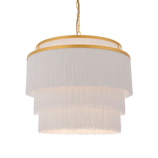 Lola 3Lt White Fringe Large Pendant with Gold Rim