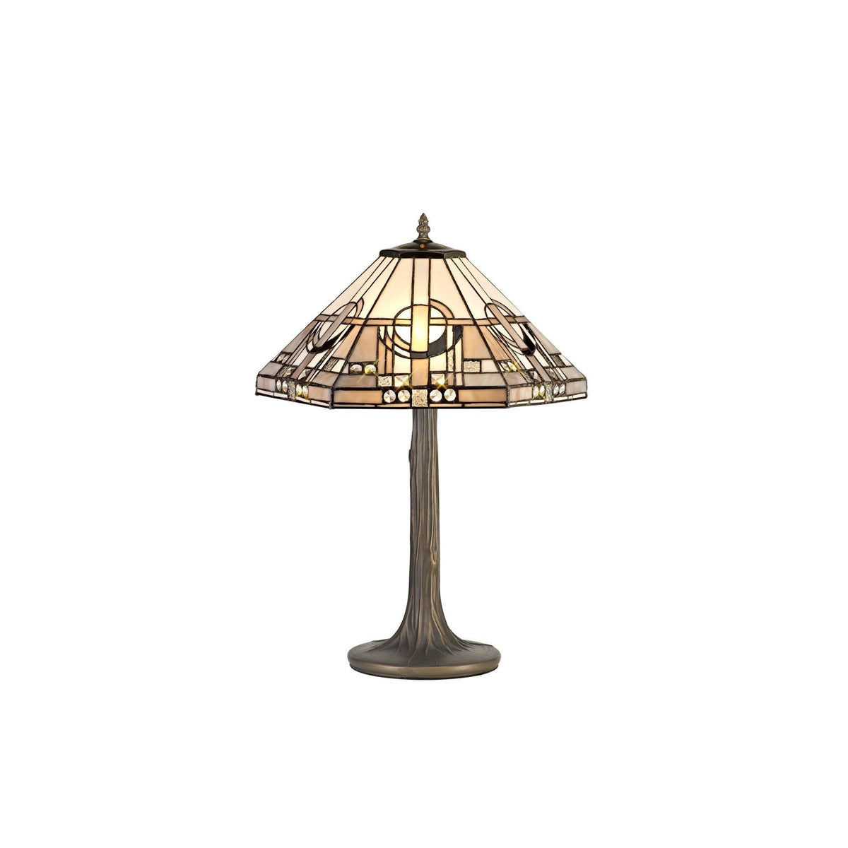 Guild 1/2 Light Curved Table Lamp E27 With 30cm Tiffany Shade, White/Grey/Black/Clear Crystal/Aged Antique Brass