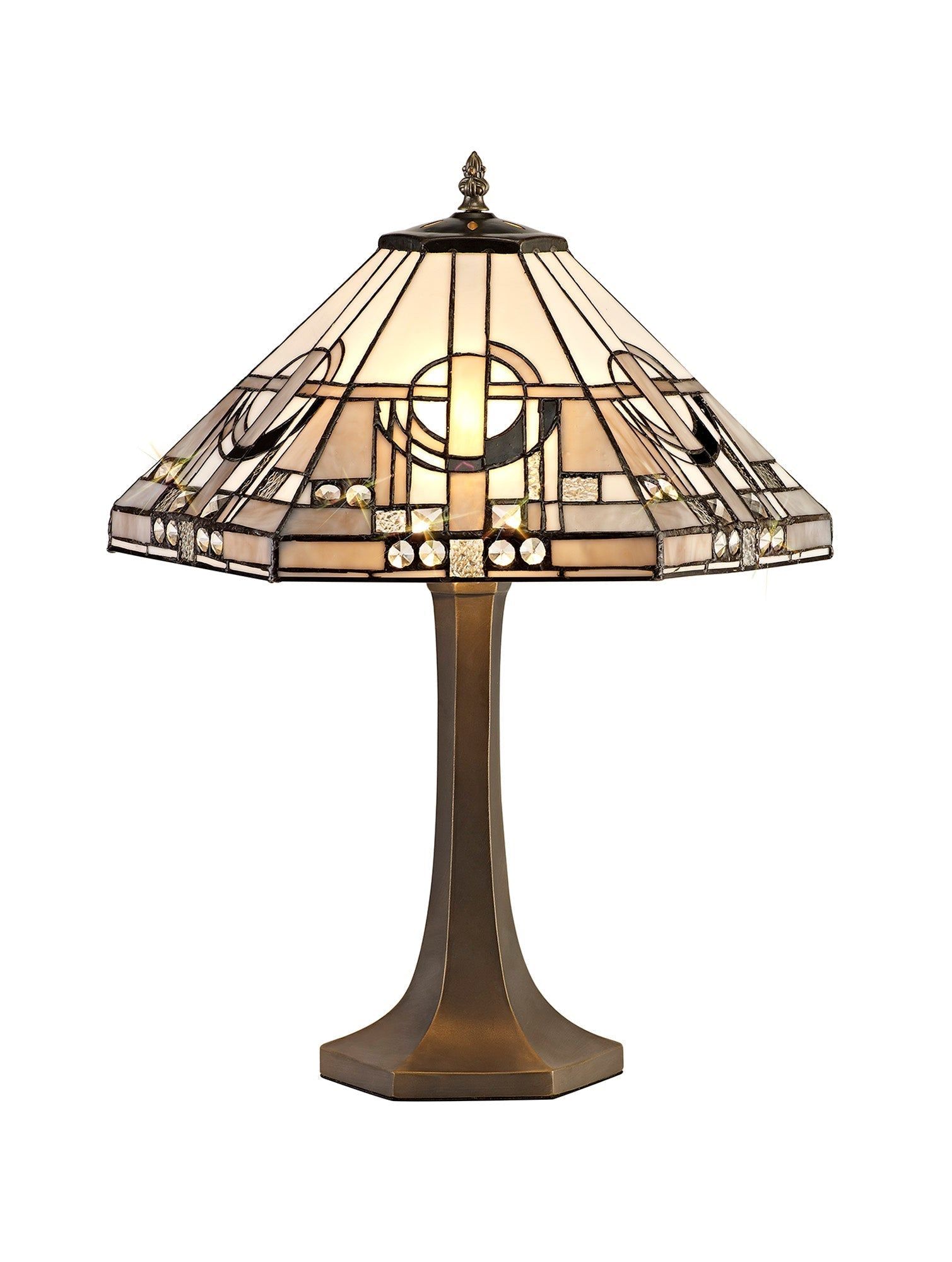 Guild 1/2 Light Curved Table Lamp E27 With 30cm Tiffany Shade, White/Grey/Black/Clear Crystal/Aged Antique Brass