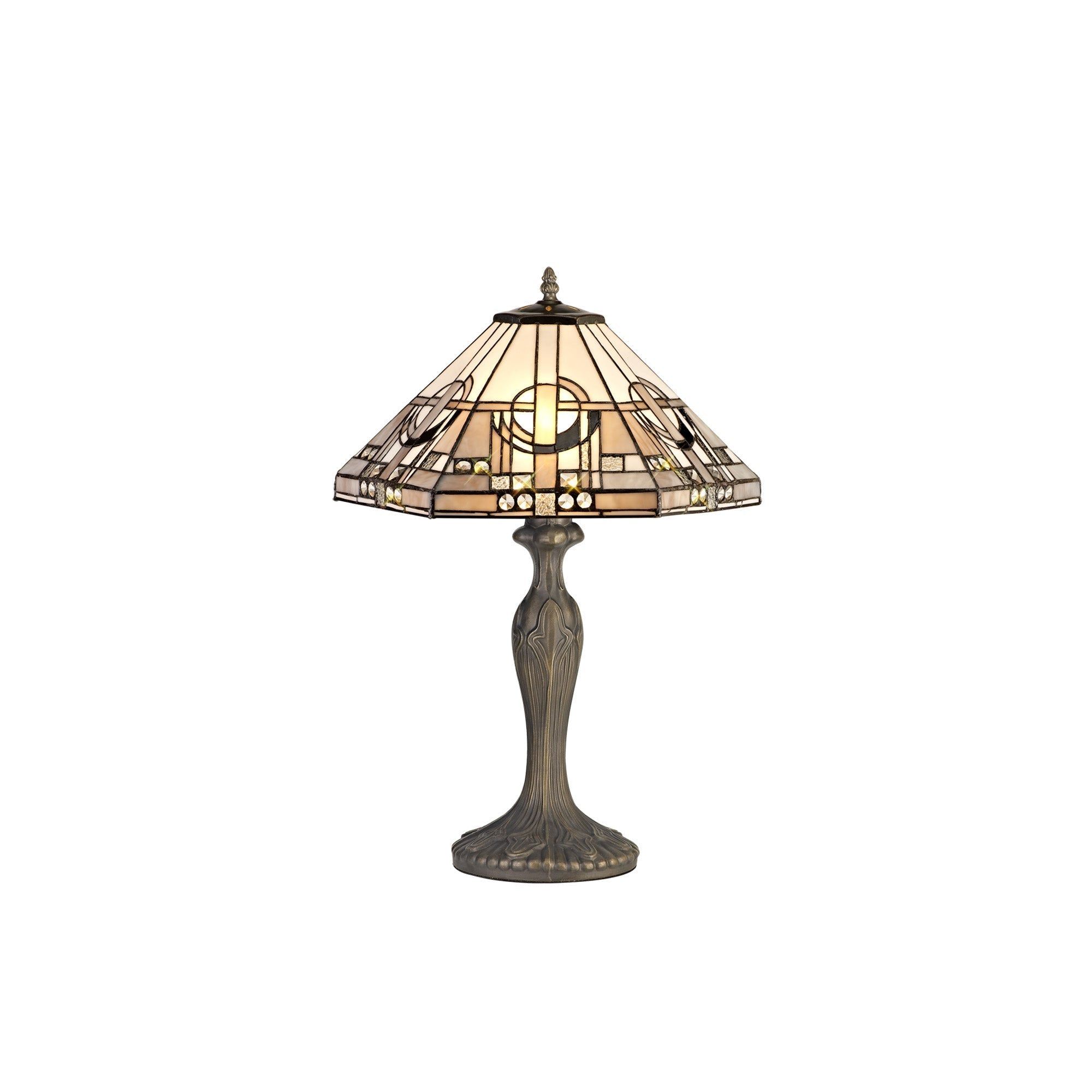 Guild 1/2 Light Curved Table Lamp E27 With 30cm Tiffany Shade, White/Grey/Black/Clear Crystal/Aged Antique Brass