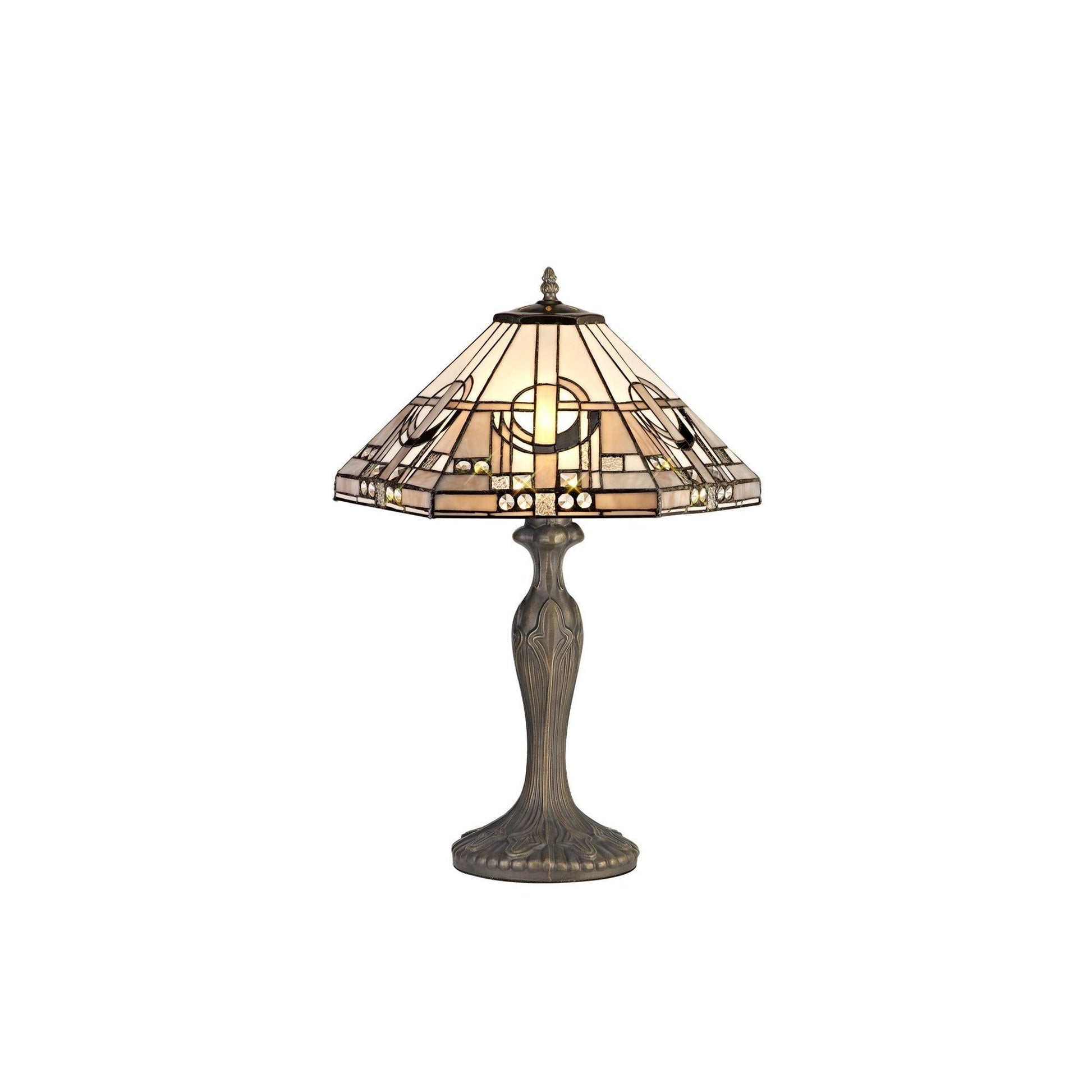 Guild 1/2 Light Curved Table Lamp E27 With 30cm Tiffany Shade, White/Grey/Black/Clear Crystal/Aged Antique Brass