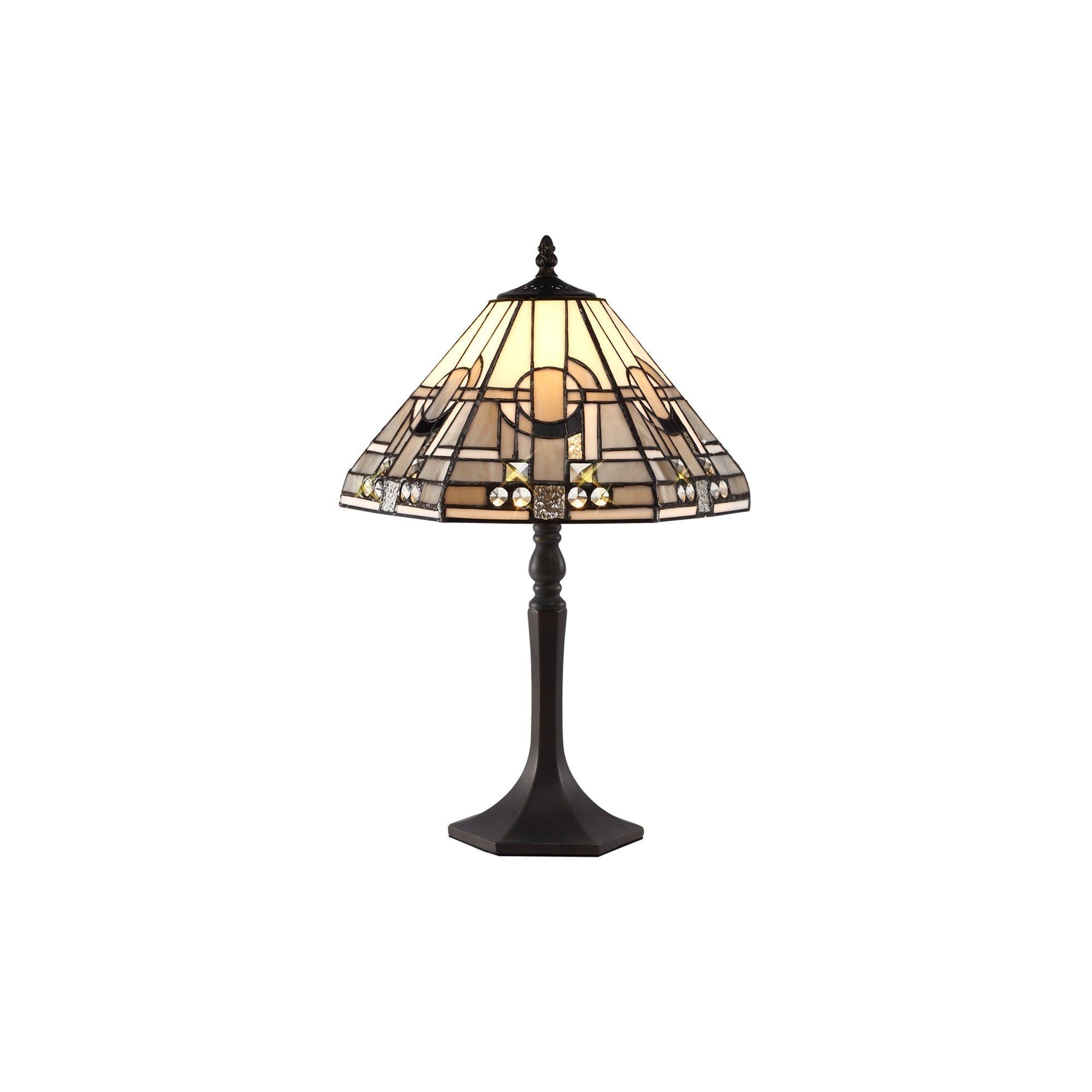 Guild 1/2 Light Curved Table Lamp E27 With 30cm Tiffany Shade, White/Grey/Black/Clear Crystal/Aged Antique Brass