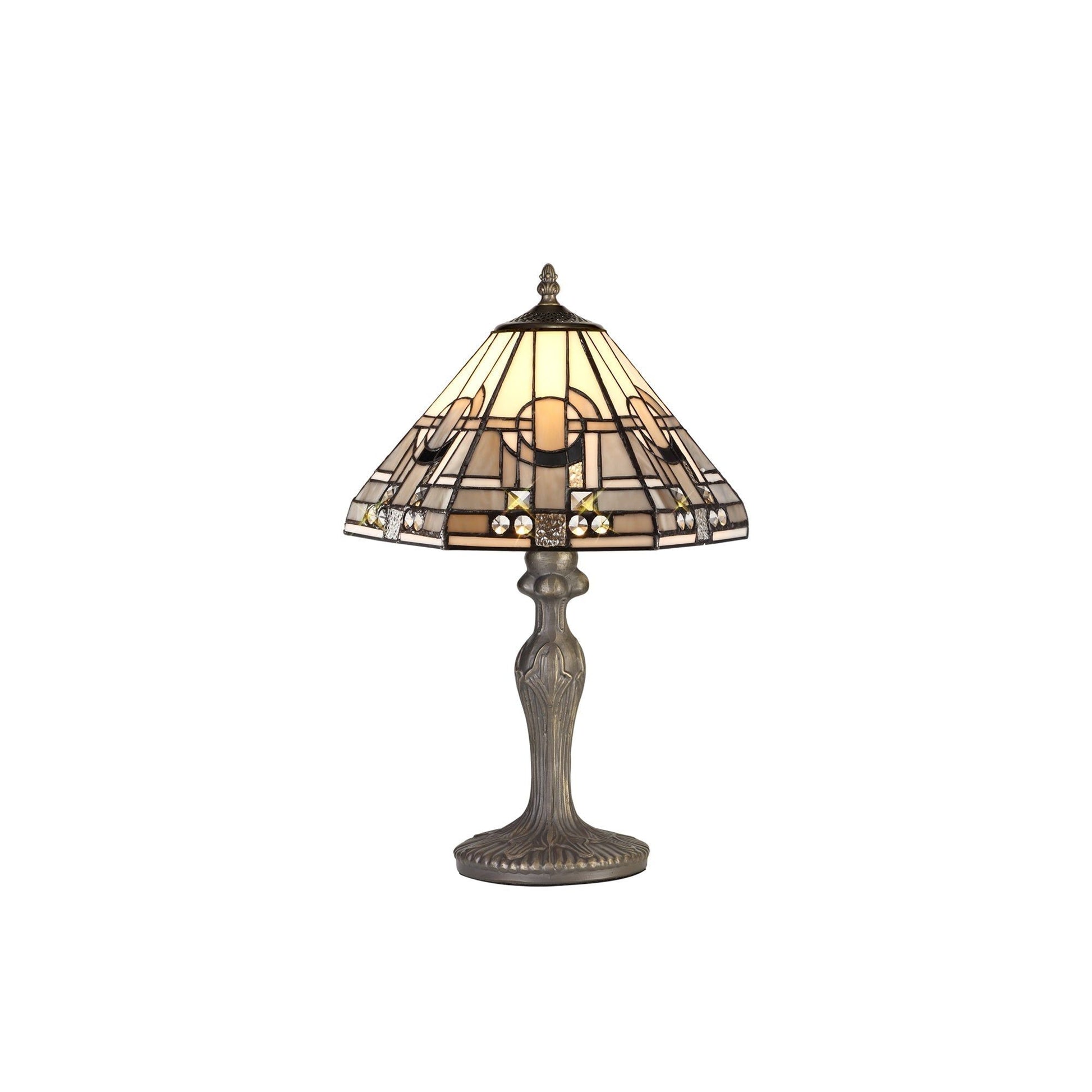 Guild 1/2 Light Curved Table Lamp E27 With 30cm Tiffany Shade, White/Grey/Black/Clear Crystal/Aged Antique Brass