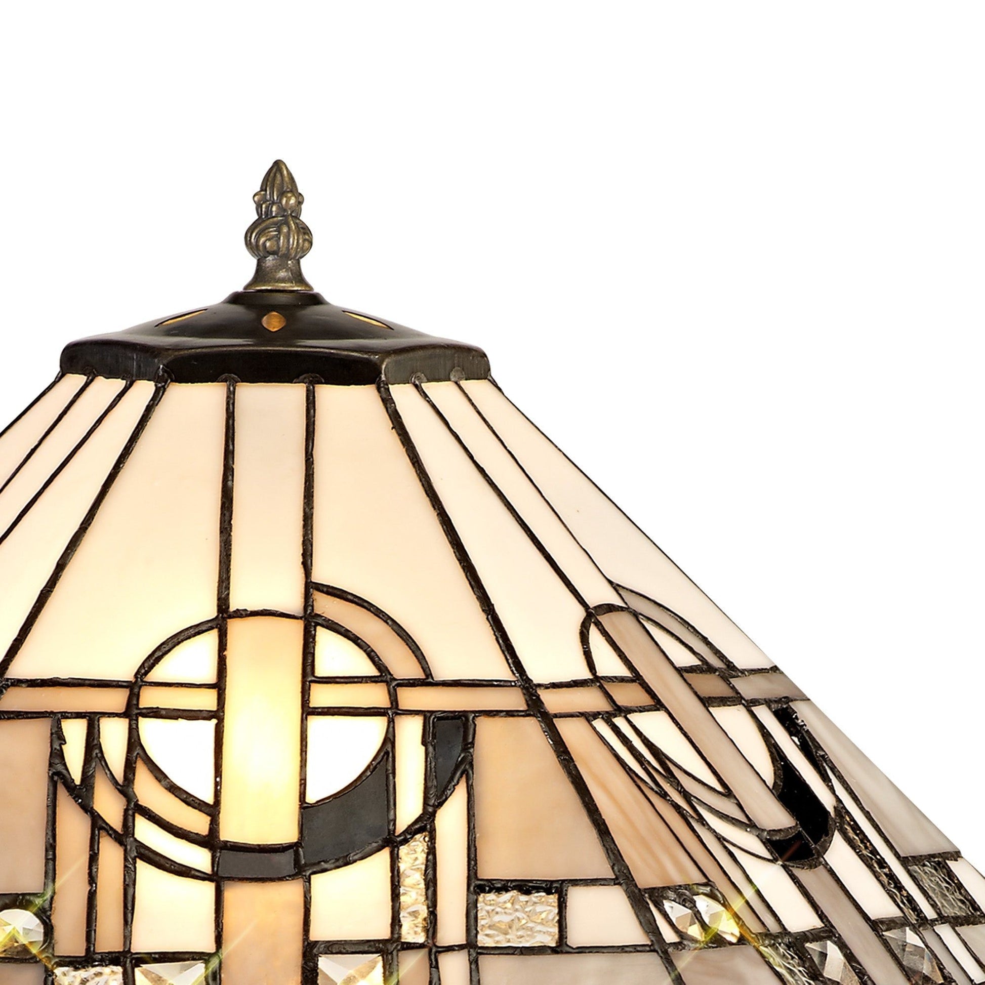 Guild 1/2 Light Curved Table Lamp E27 With 30cm Tiffany Shade, White/Grey/Black/Clear Crystal/Aged Antique Brass