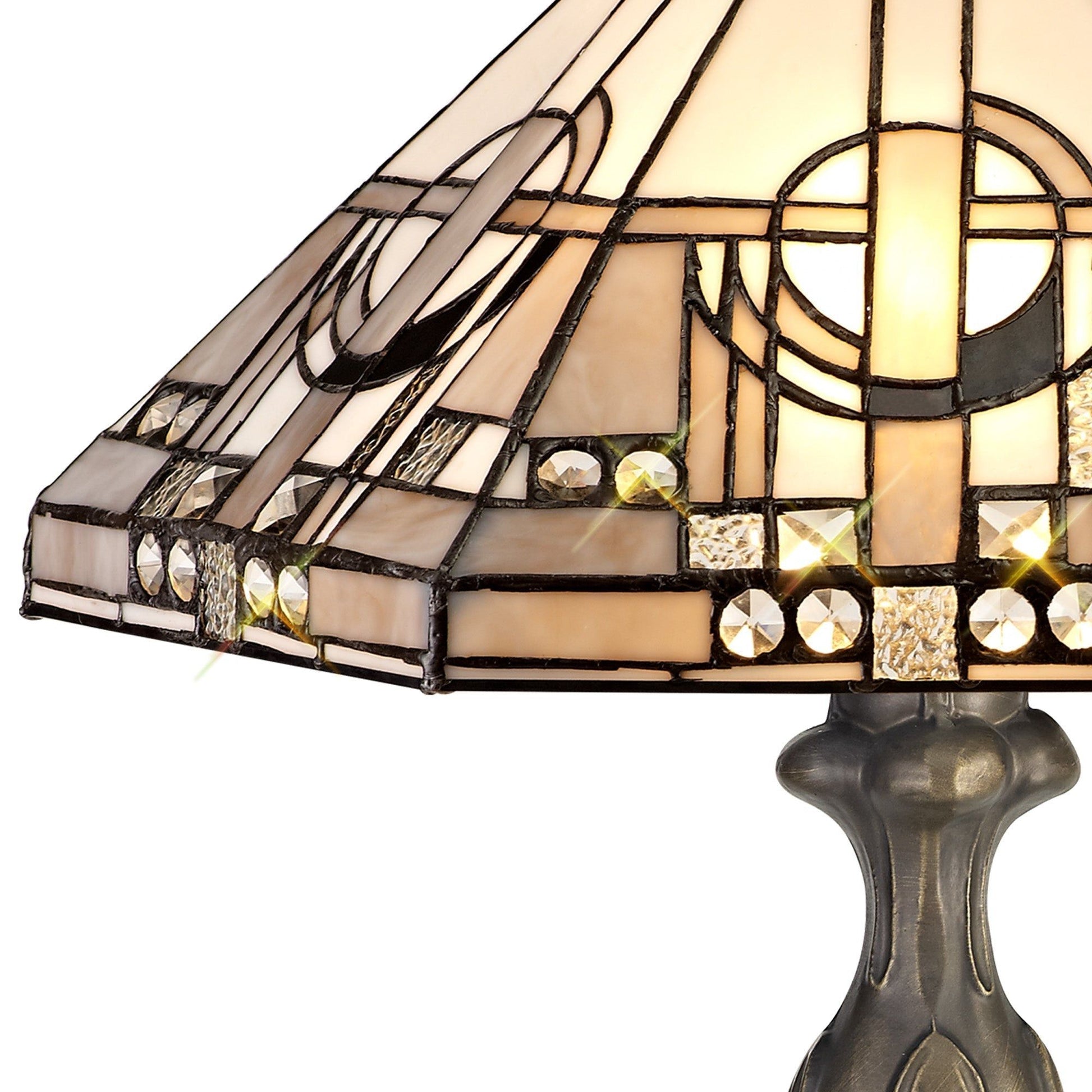 Guild 1/2 Light Curved Table Lamp E27 With 30cm Tiffany Shade, White/Grey/Black/Clear Crystal/Aged Antique Brass