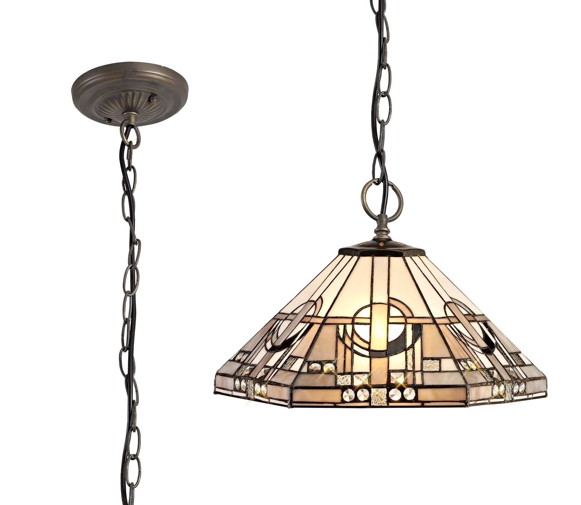 Guild 1/2/3 Light Downlighter Pendant E27 With 30/40cm Tiffany Shade, White/Grey/Black/Clear Crystal/Aged Antique Brass