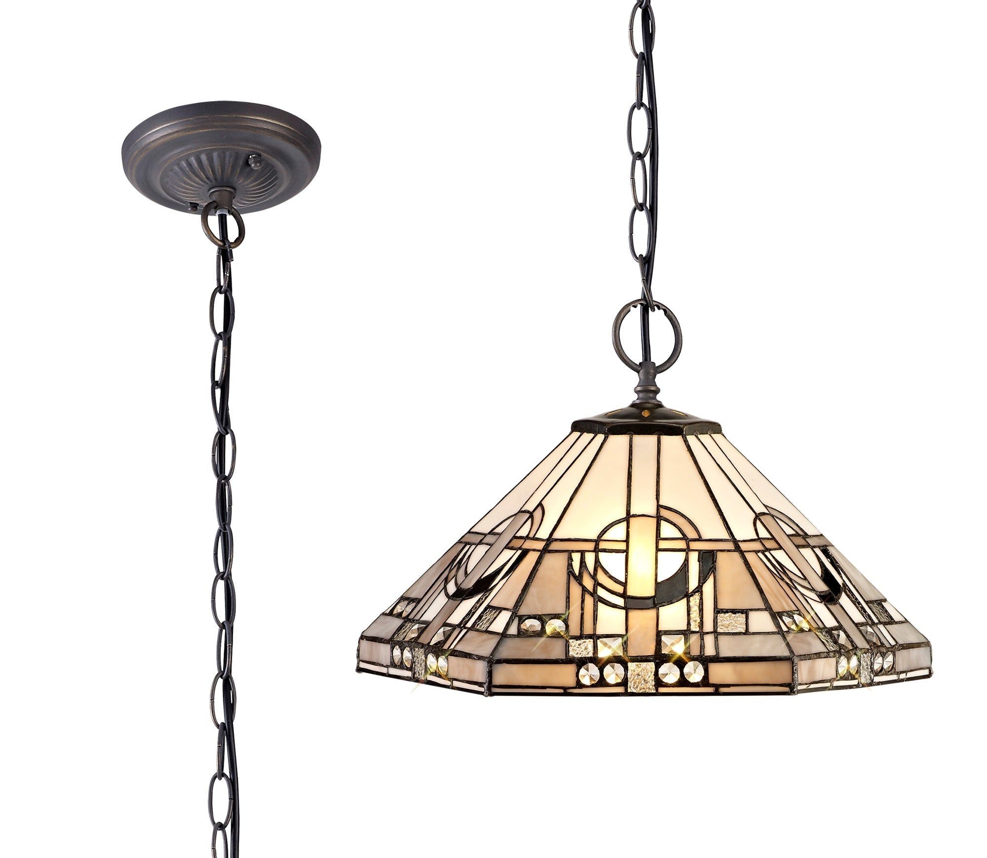 Guild 1/2/3 Light Downlighter Pendant E27 With 30/40cm Tiffany Shade, White/Grey/Black/Clear Crystal/Aged Antique Brass
