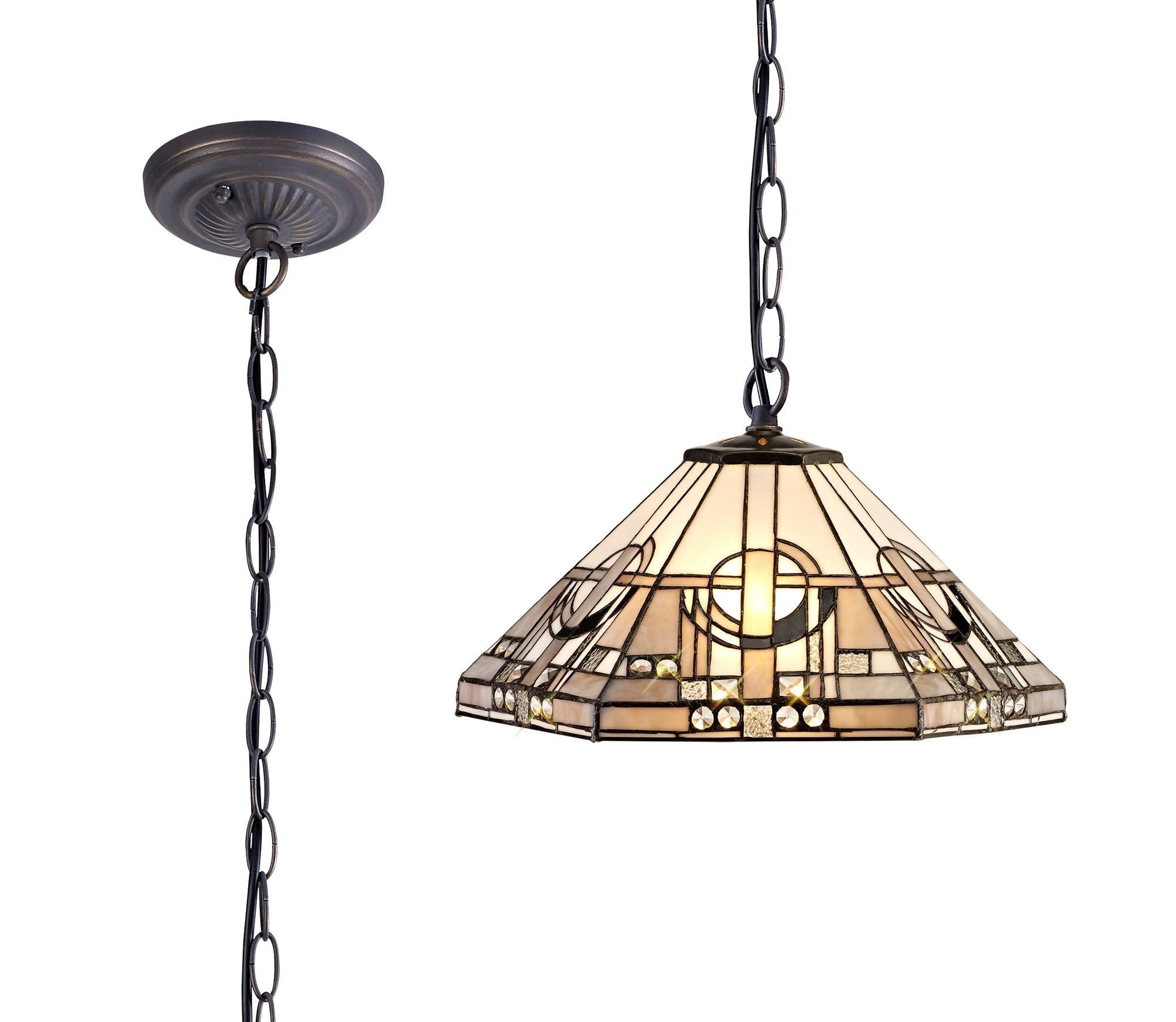 Guild 1/2/3 Light Downlighter Pendant E27 With 30/40cm Tiffany Shade, White/Grey/Black/Clear Crystal/Aged Antique Brass