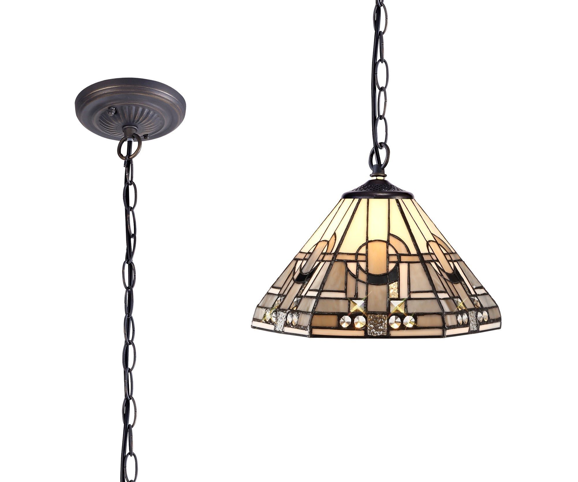 Guild 1/2/3 Light Downlighter Pendant E27 With 30/40cm Tiffany Shade, White/Grey/Black/Clear Crystal/Aged Antique Brass