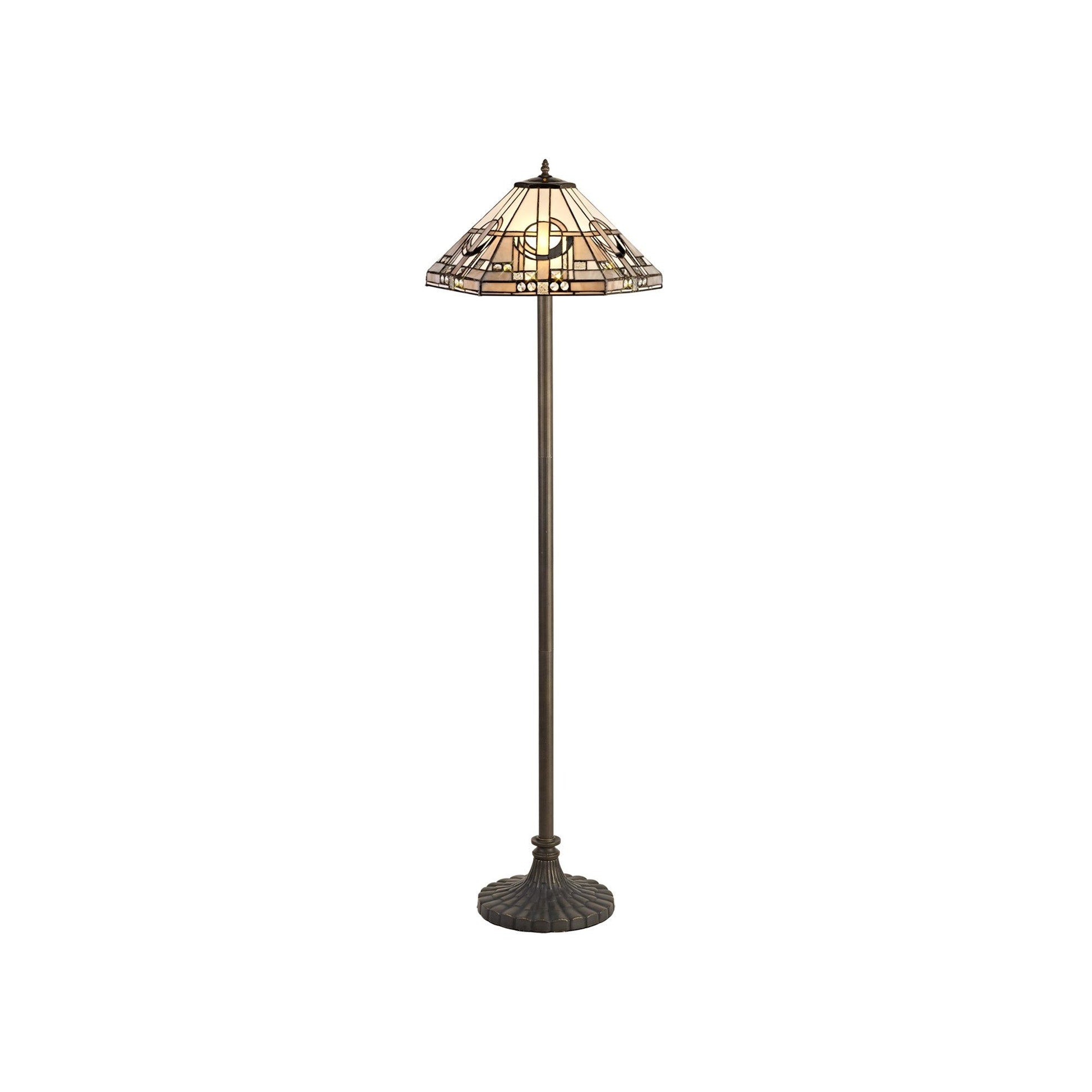 Guild 2 Light Leaf/Octagonal/Stepped  Design Floor Lamp E27 With 40cm Tiffany Shade, White/Grey/Black/Clear Crystal/Aged Antique Brass