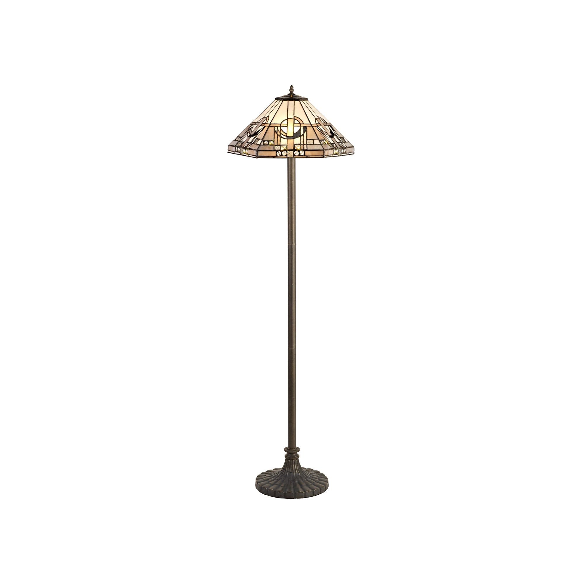 Guild 2 Light Leaf/Octagonal/Stepped  Design Floor Lamp E27 With 40cm Tiffany Shade, White/Grey/Black/Clear Crystal/Aged Antique Brass
