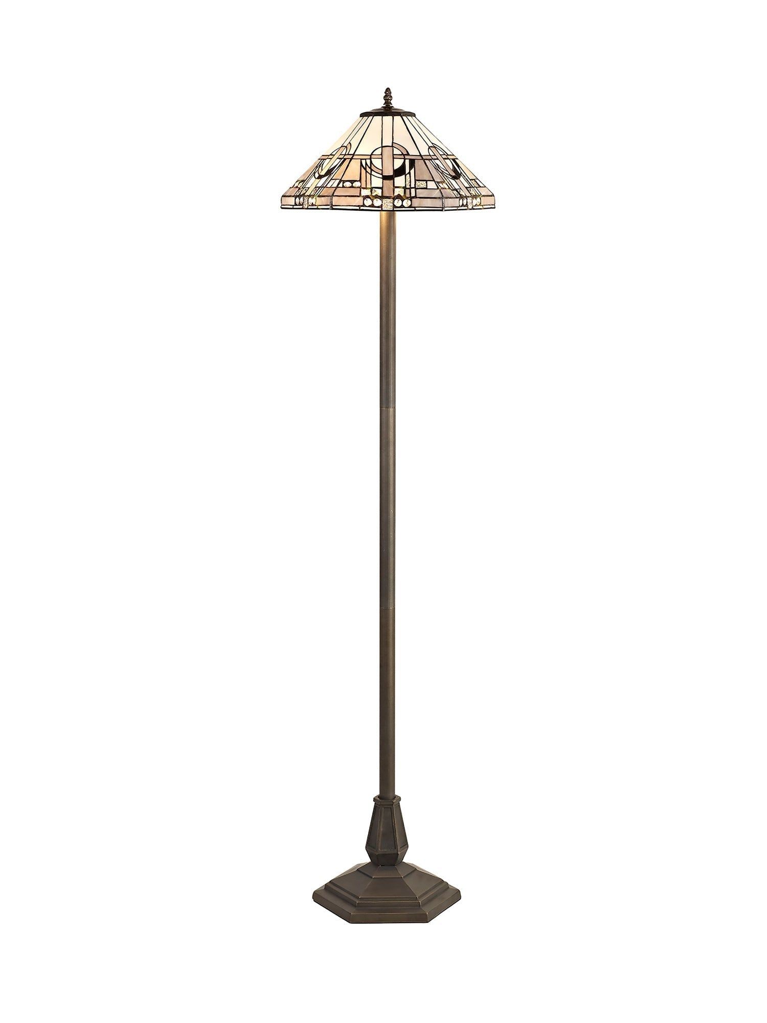 Guild 2 Light Leaf/Octagonal/Stepped  Design Floor Lamp E27 With 40cm Tiffany Shade, White/Grey/Black/Clear Crystal/Aged Antique Brass