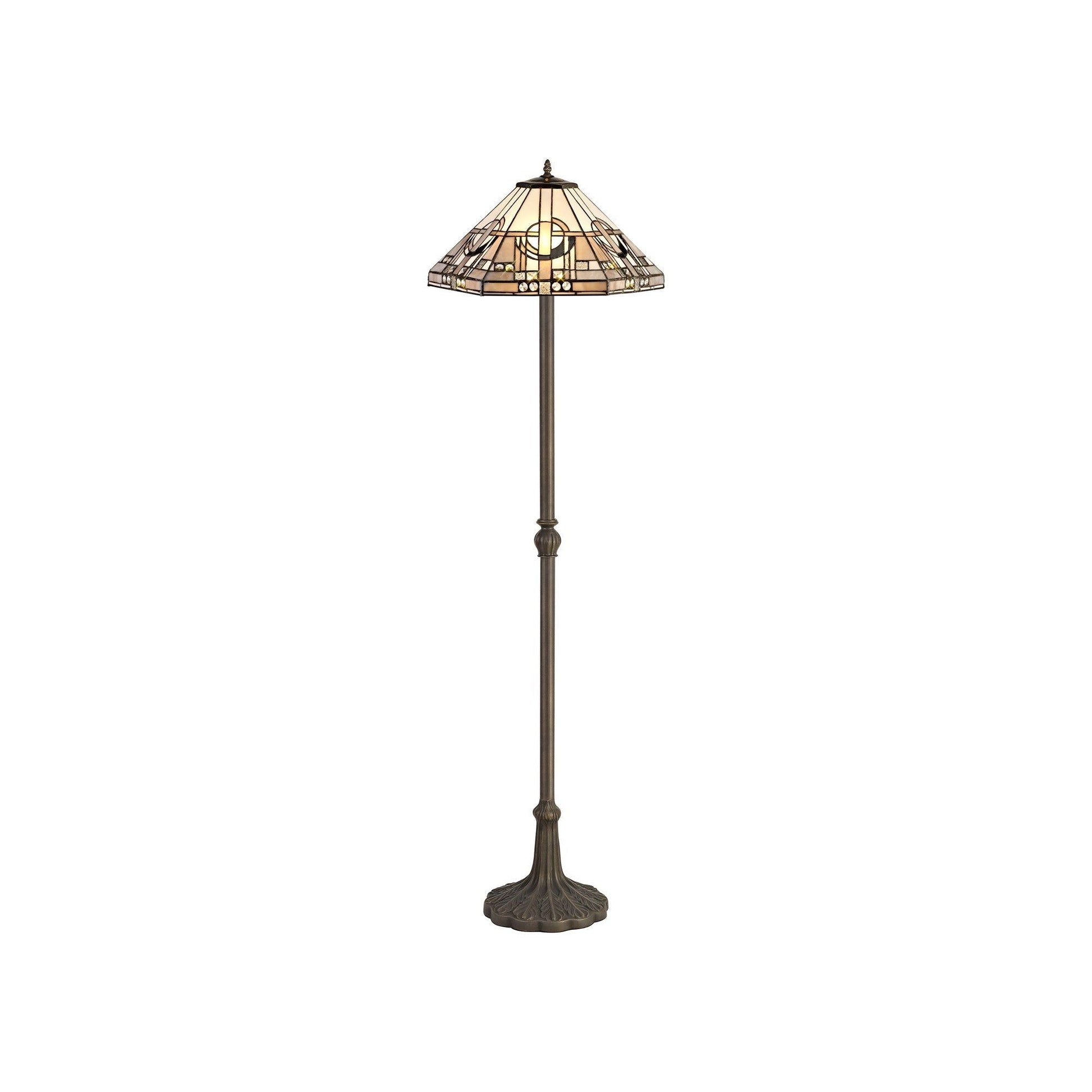 Guild 2 Light Leaf/Octagonal/Stepped  Design Floor Lamp E27 With 40cm Tiffany Shade, White/Grey/Black/Clear Crystal/Aged Antique Brass