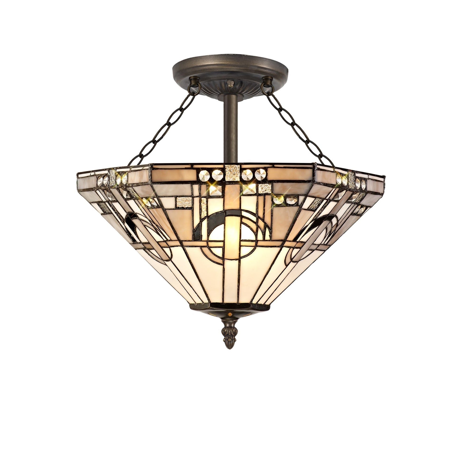 Guild 3 Light E27 Semi Ceiling With Tiffany Shade 30/40cm Shade, White/Grey/Black/Clear Crystal/Aged Antique Brass
