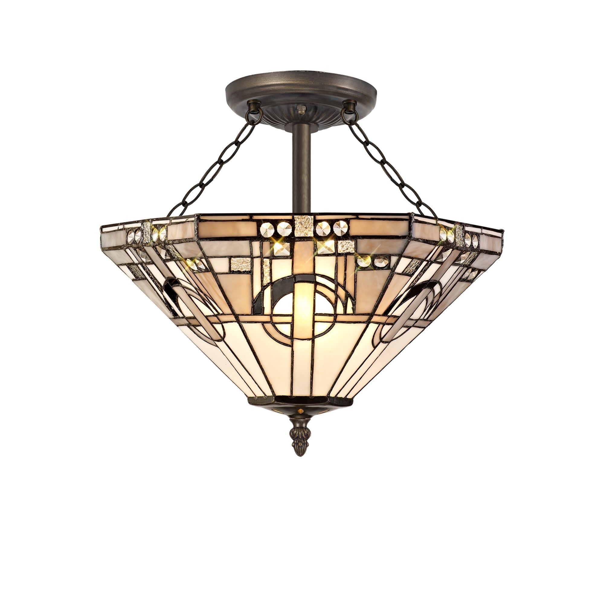 Guild 3 Light E27 Semi Ceiling With Tiffany Shade 30/40cm Shade, White/Grey/Black/Clear Crystal/Aged Antique Brass