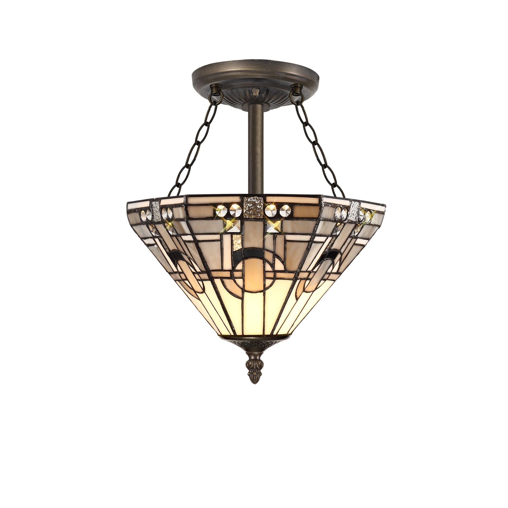 Guild 3 Light E27 Semi Ceiling With Tiffany Shade 30/40cm Shade, White/Grey/Black/Clear Crystal/Aged Antique Brass