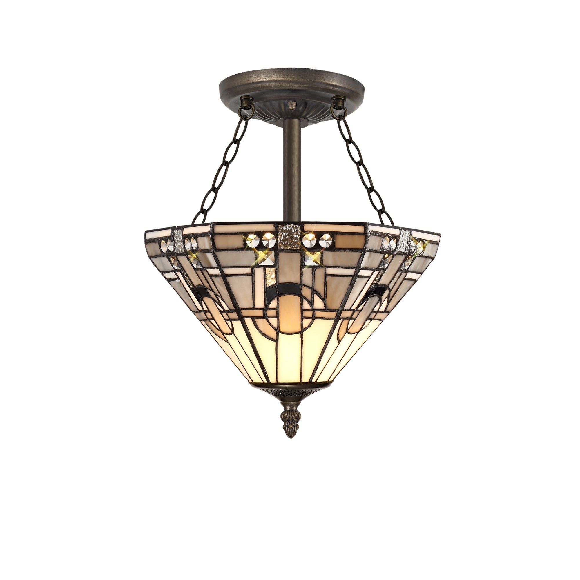 Guild 3 Light E27 Semi Ceiling With Tiffany Shade 30/40cm Shade, White/Grey/Black/Clear Crystal/Aged Antique Brass