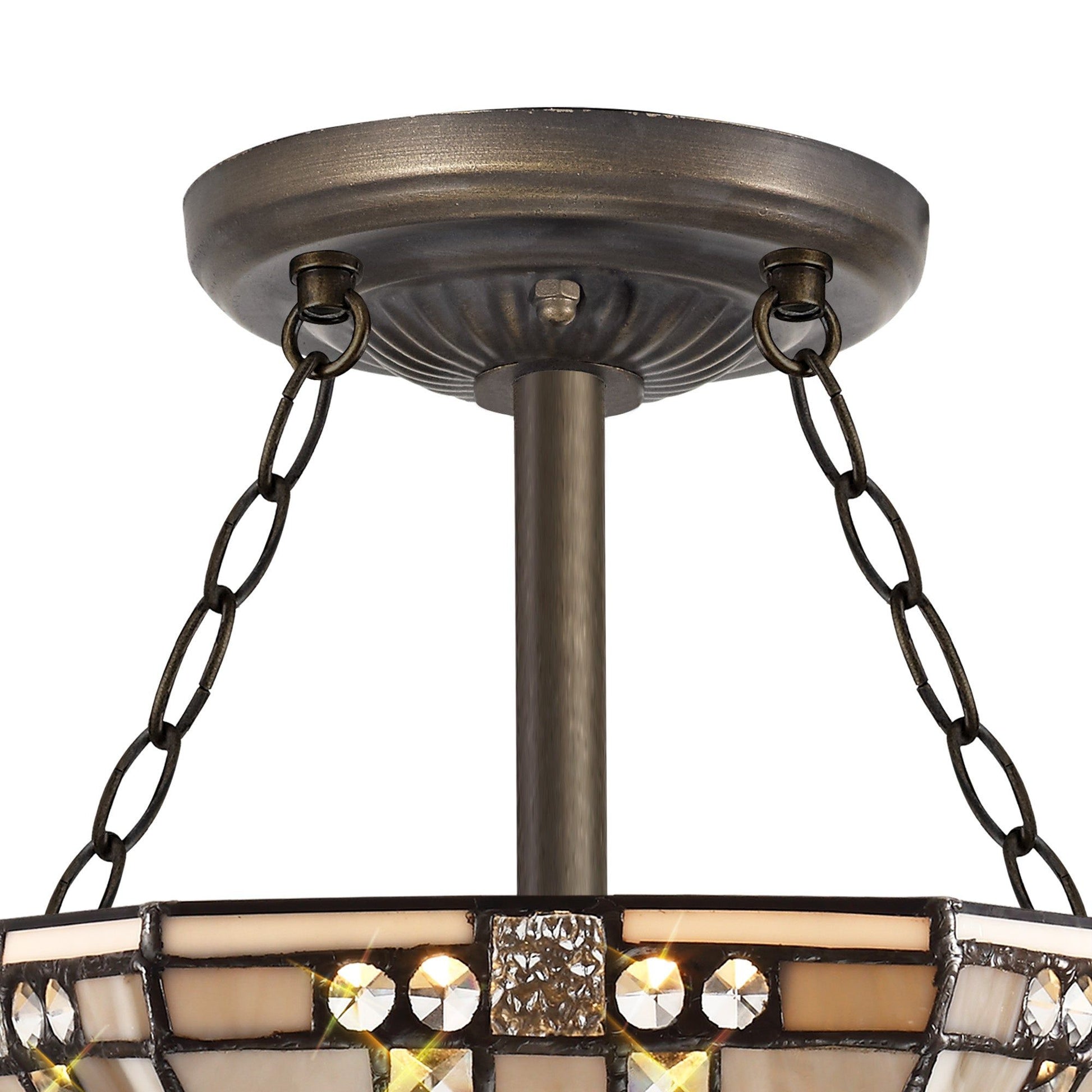 Guild 3 Light E27 Semi Ceiling With Tiffany Shade 30/40cm Shade, White/Grey/Black/Clear Crystal/Aged Antique Brass