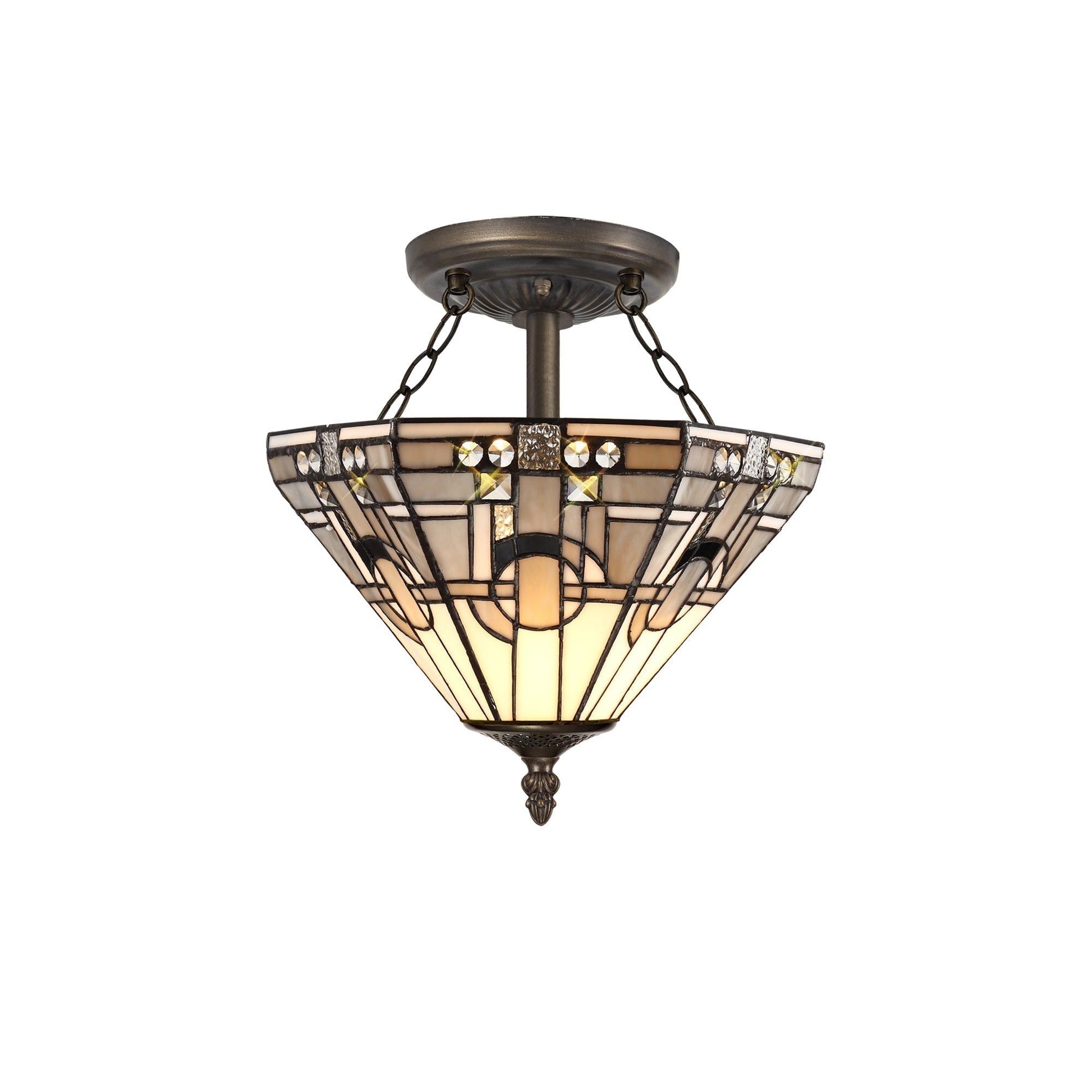 Guild 3 Light E27 Semi Ceiling With Tiffany Shade 30/40cm Shade, White/Grey/Black/Clear Crystal/Aged Antique Brass - Cusack Lighting