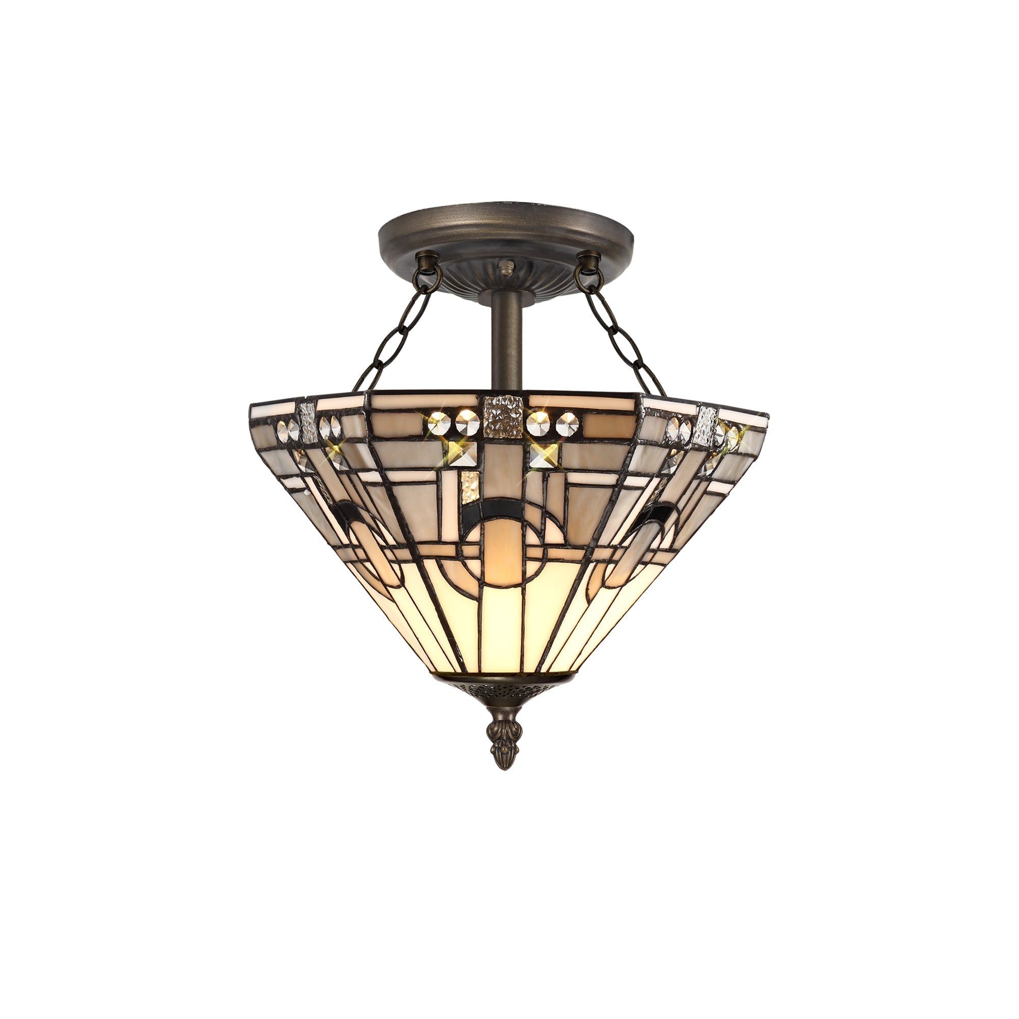 Guild 3 Light E27 Semi Ceiling With Tiffany Shade 30/40cm Shade, White/Grey/Black/Clear Crystal/Aged Antique Brass - Cusack Lighting