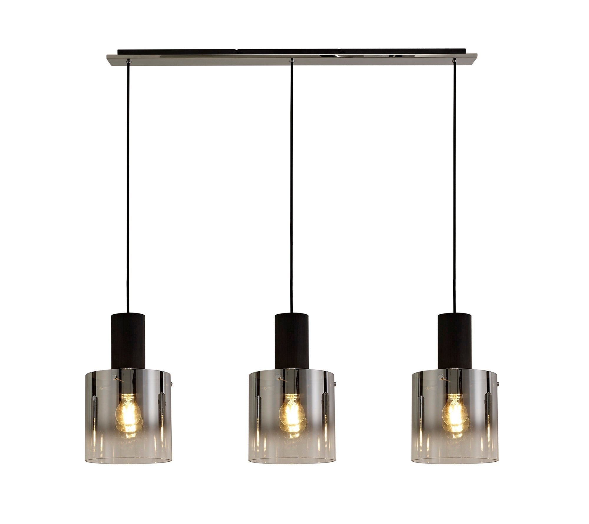 Hailey Linear Pendant, 3 Light Adjustable E27, Black/Smoke Fade Glass (2LT137C)