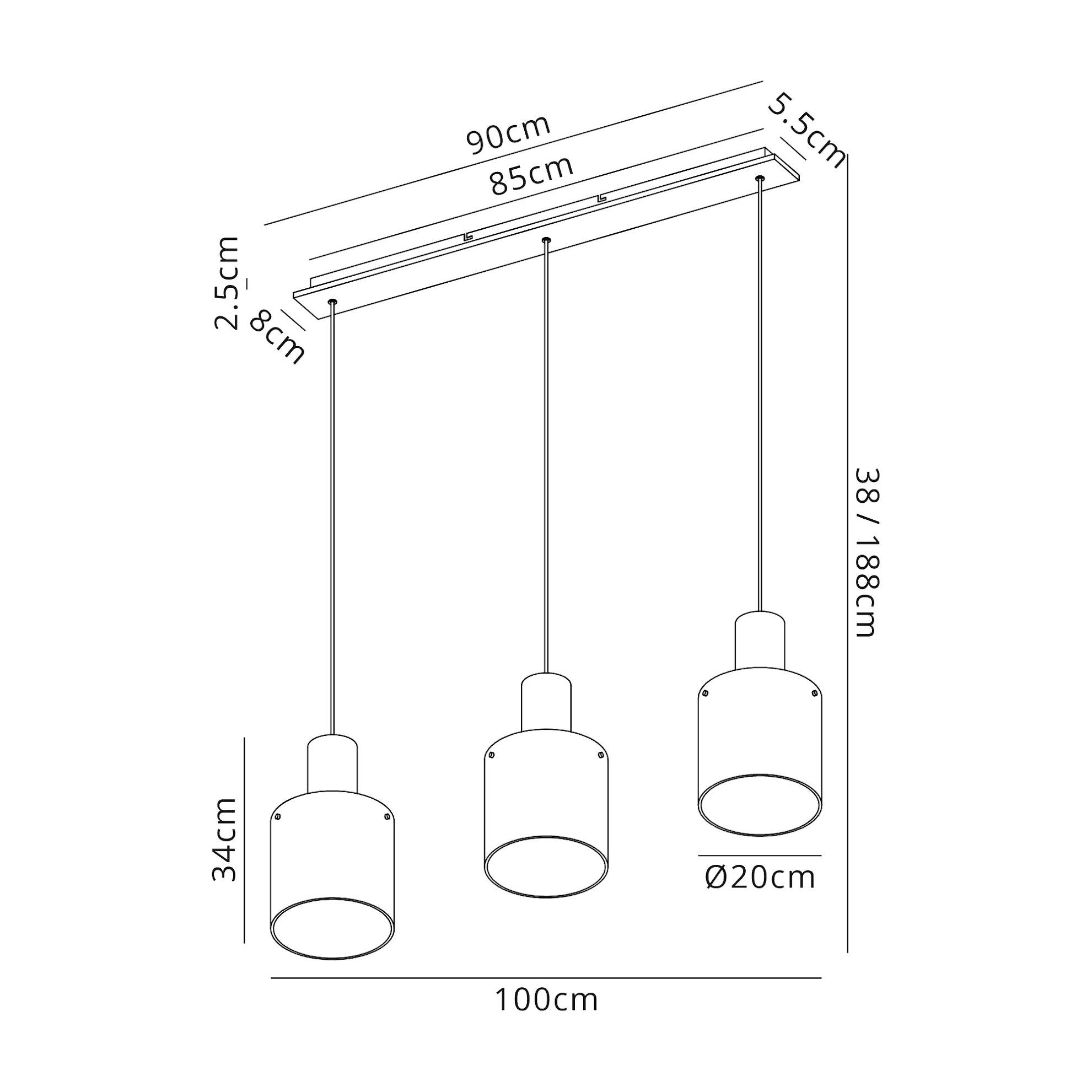 Hailey Linear Pendant, 3 Light Adjustable E27, Black/Smoke Fade Glass (2LT137C)