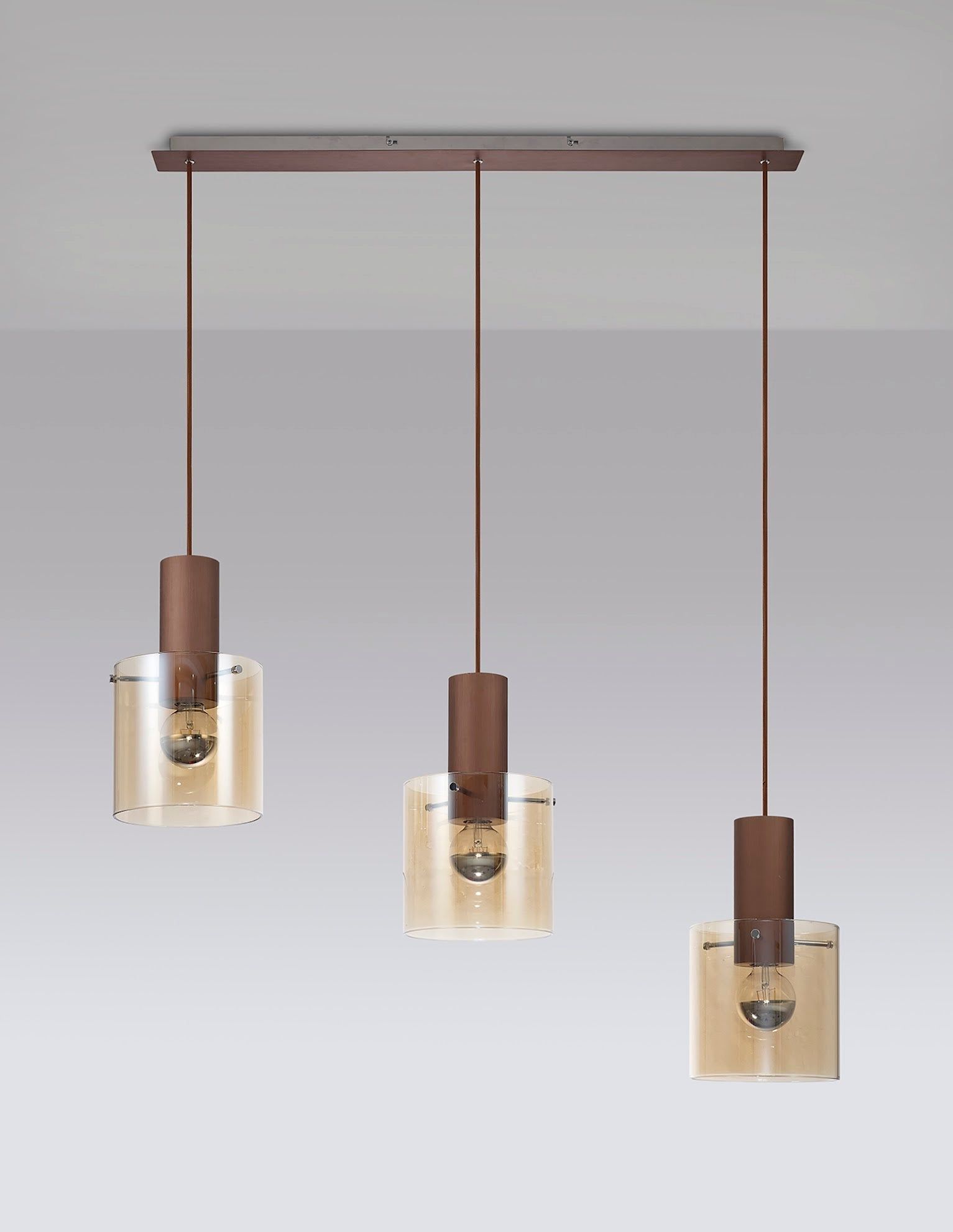 Hailey Linear Pendant, 3 Light Adjustable E27, Mocha/Black/Smoke Fade Glass - Cusack Lighting