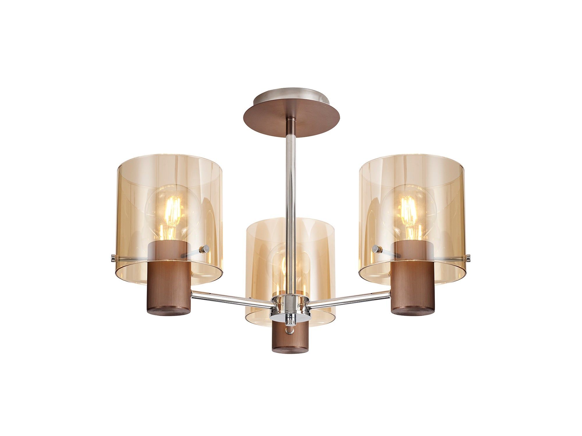 Hailey Semi Ceiling Light, 3 x E27, Black/Smoke Fade Glass, Mocha/Amber Glass