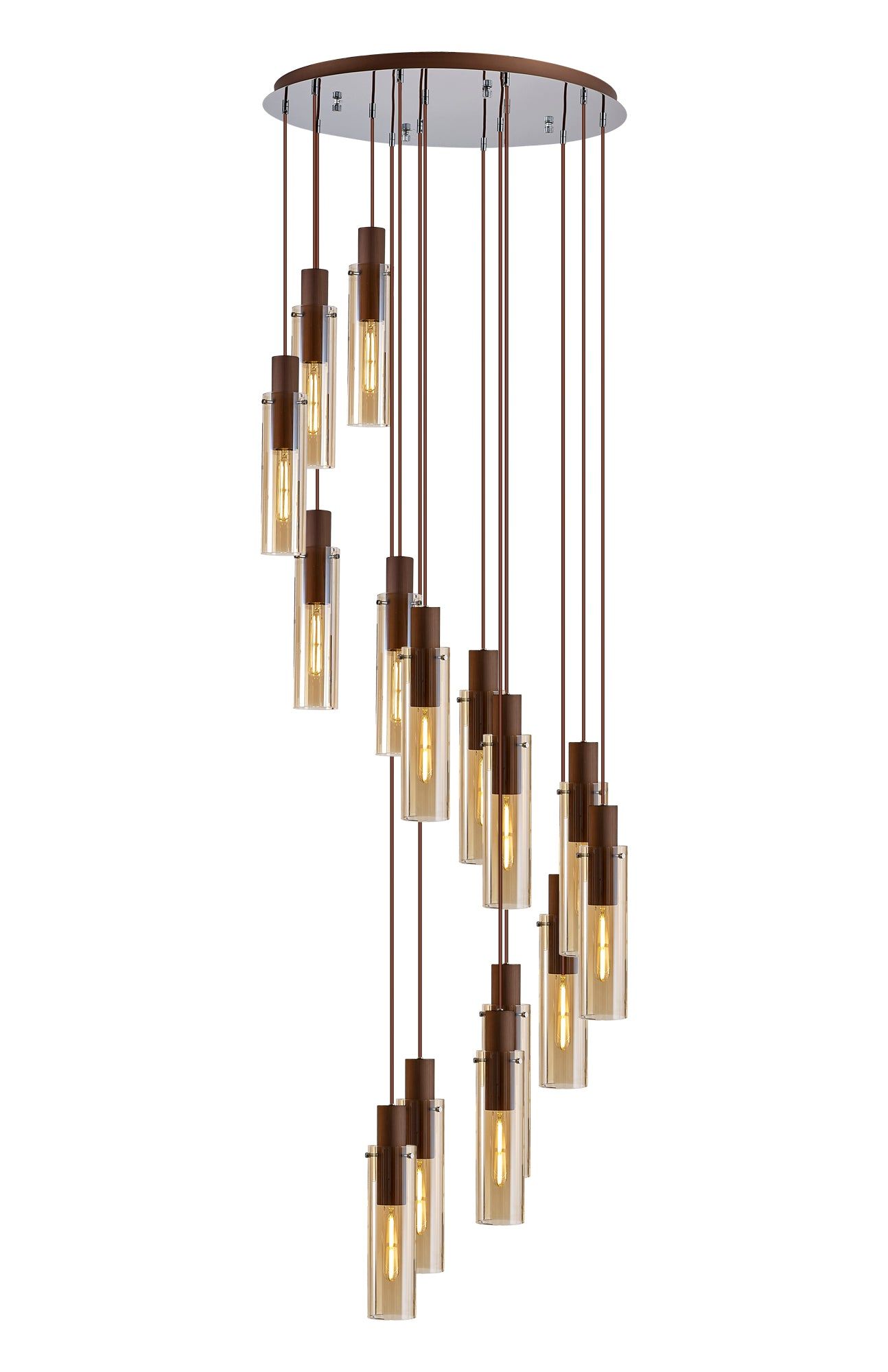 Blake Slim Round Pendant, 15 Light Adjustable E27, Mocha / Amber Glass, Item Weight: 25.3kg