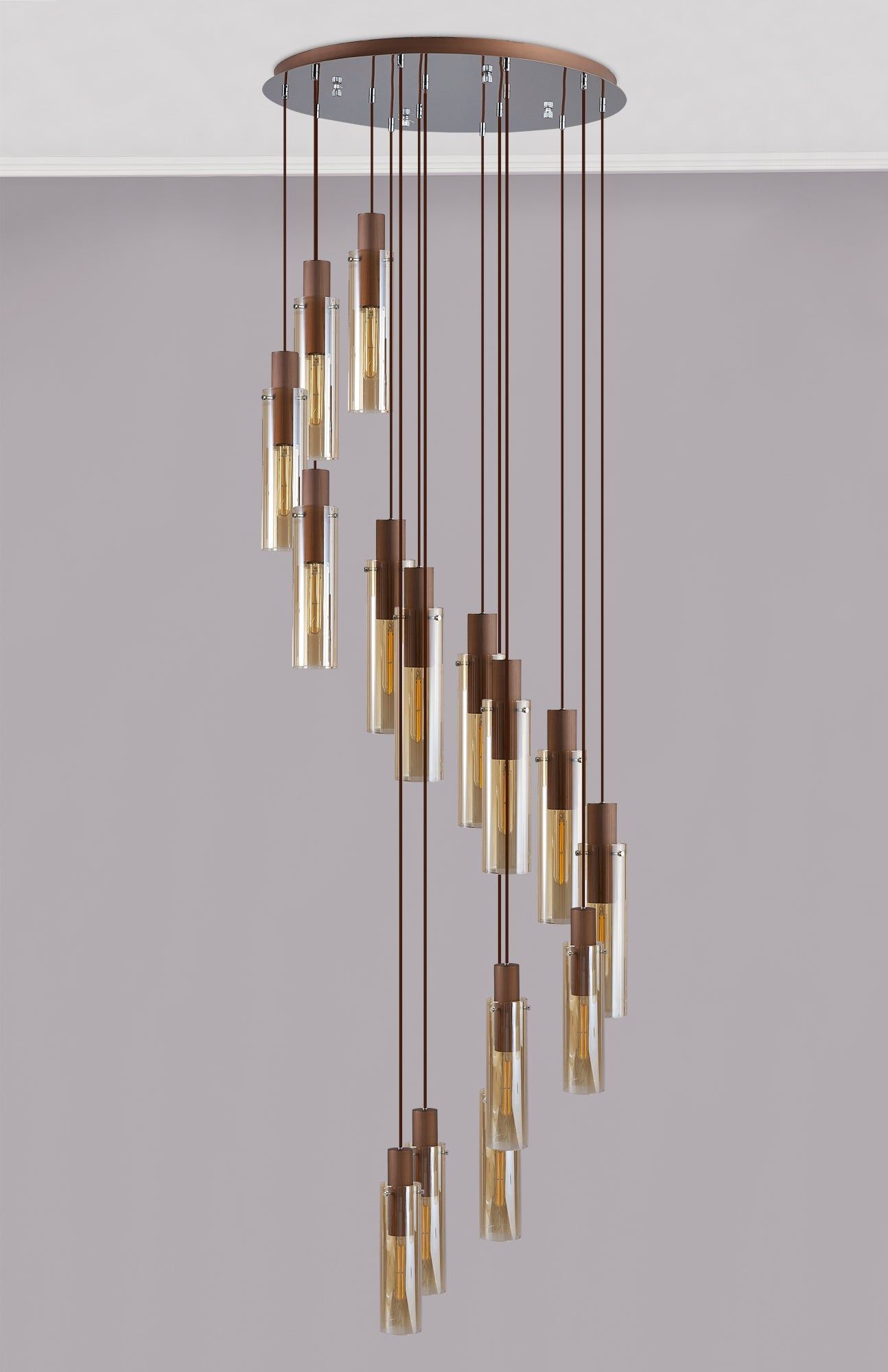 Blake Slim Round Pendant, 15 Light Adjustable E27, Mocha / Amber Glass, Item Weight: 25.3kg