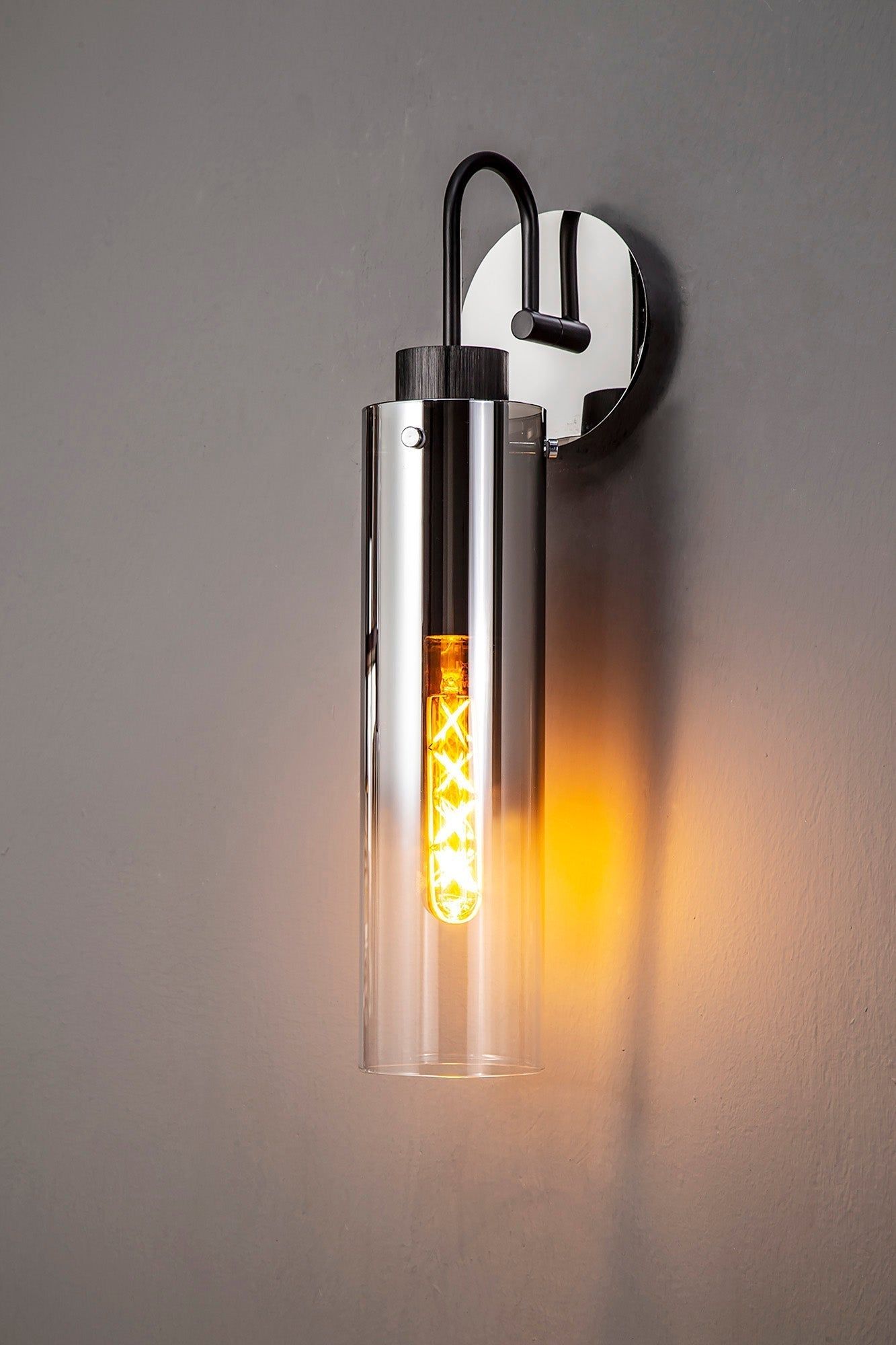 Blake Slim Single Switched Wall Lamp, 1 Light, E27, Black/Smoke Fade Glass