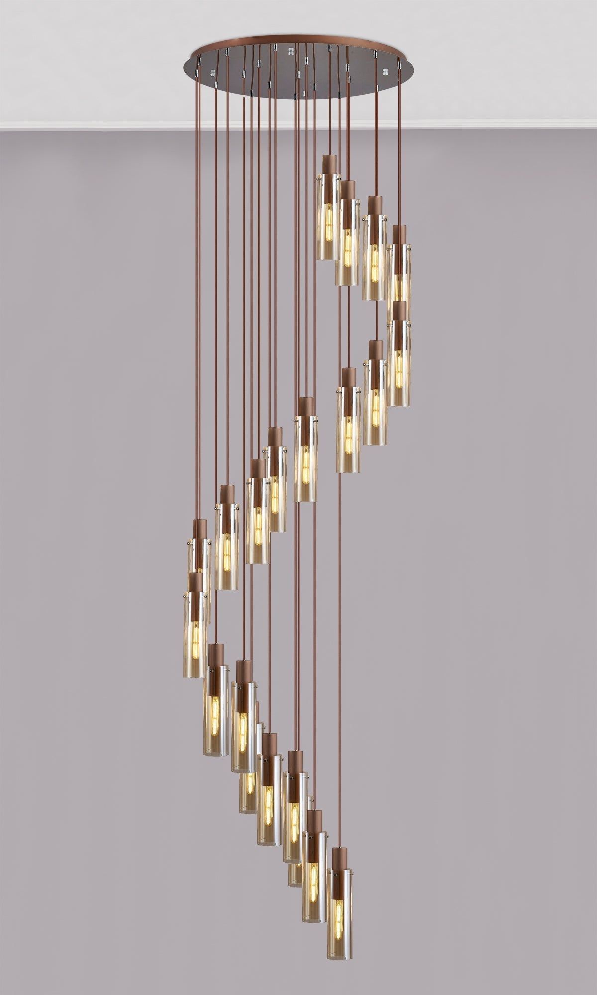 Blake Slim Round Pendant, 21 Light Adjustable E27, Mocha / Amber Glass, Item Weight: 38.2kg