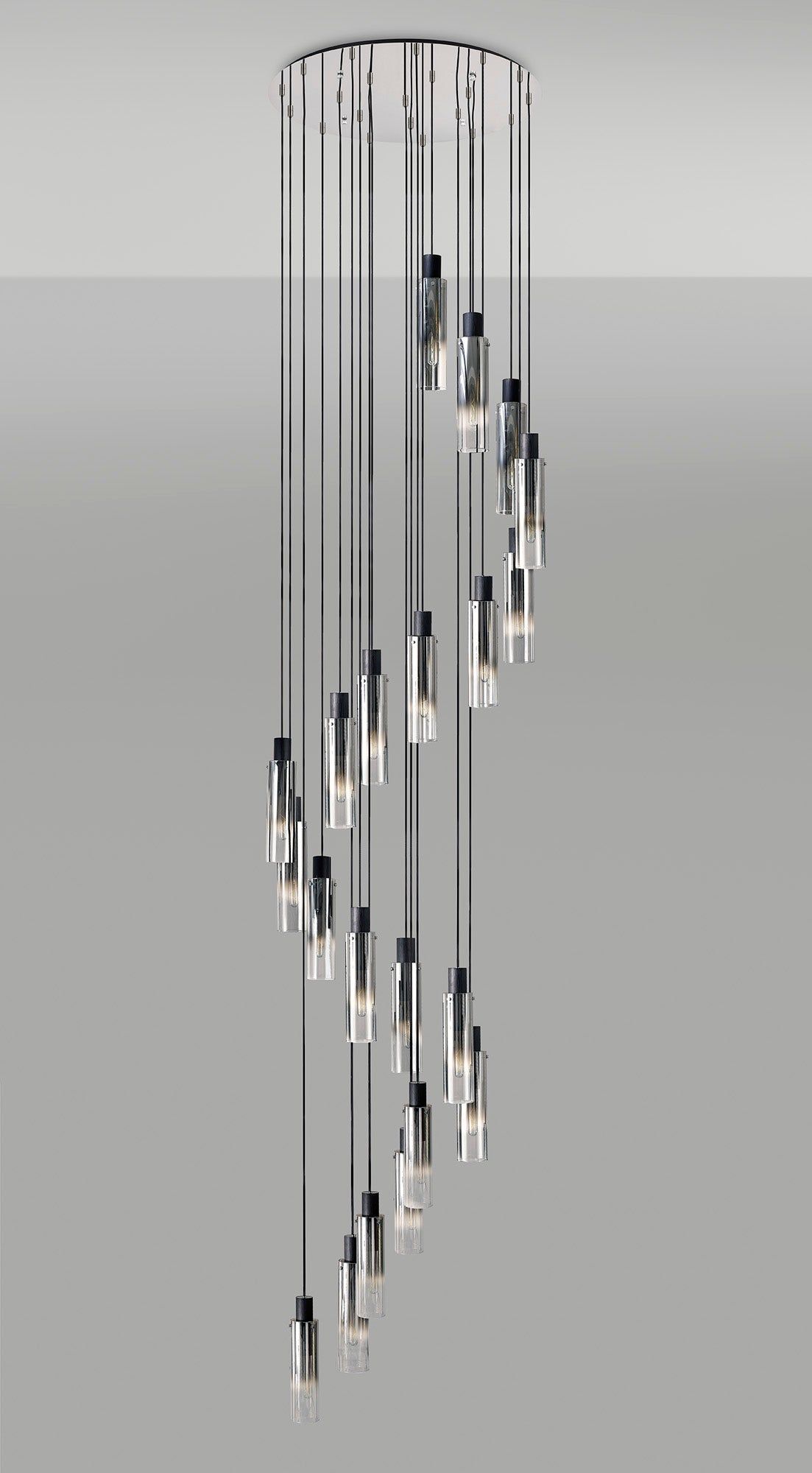 Blake Slim Round Pendant, 21 Light Adjustable E27, Black/Smoke Fade Glass, Item Weight: 38.2kg