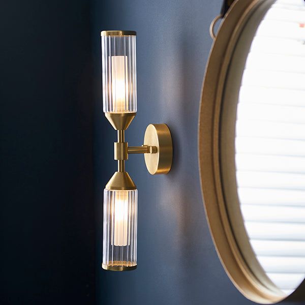 Ribbed and frosted glass satin brass double wall light - Cusack Lighting