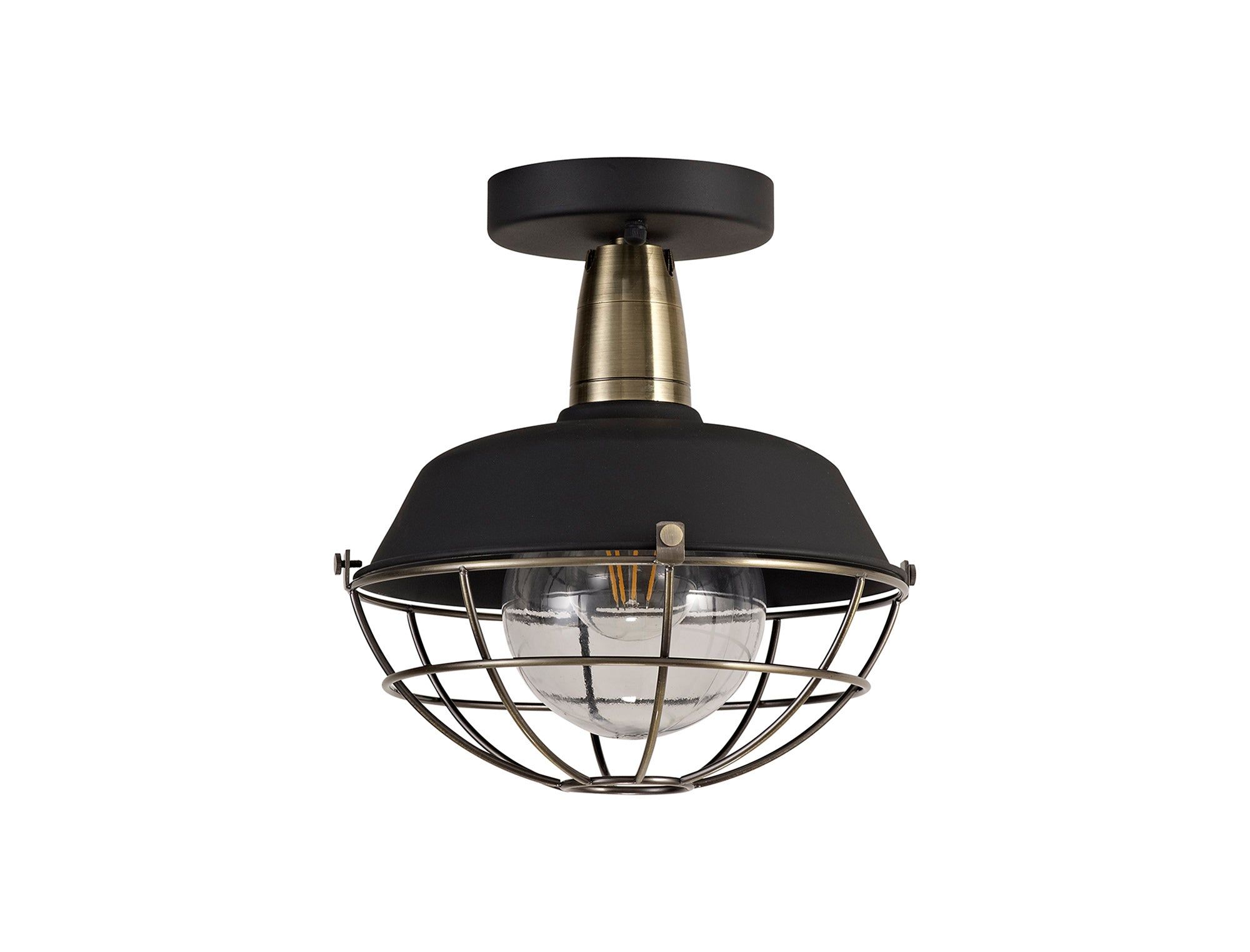 Lekshi Semi-Flush Ceiling, 1 Light E27, IP65, Matt Black/Antique Brass, 2yrs Warranty
